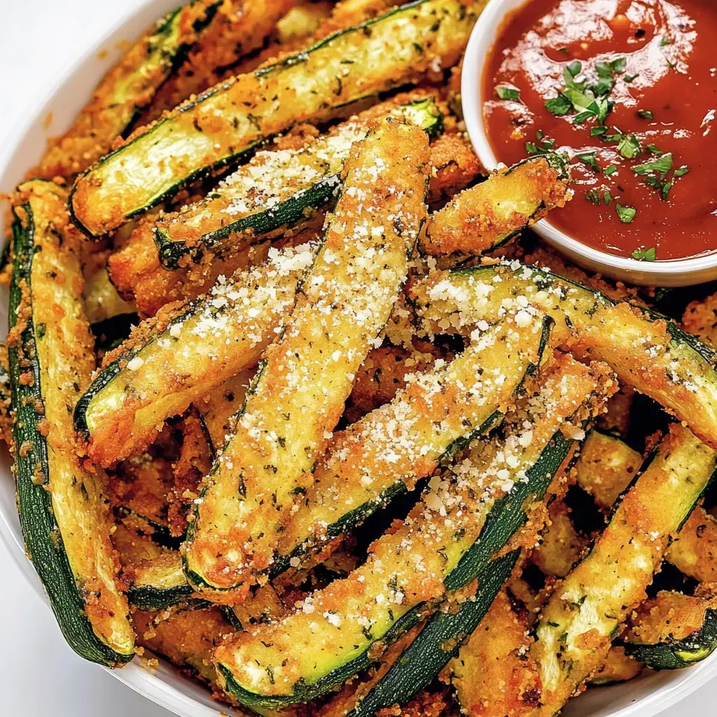 A bowl of crispy, breaded zucchini fries is served with a side of marinara sauce and garnished with grated cheese.