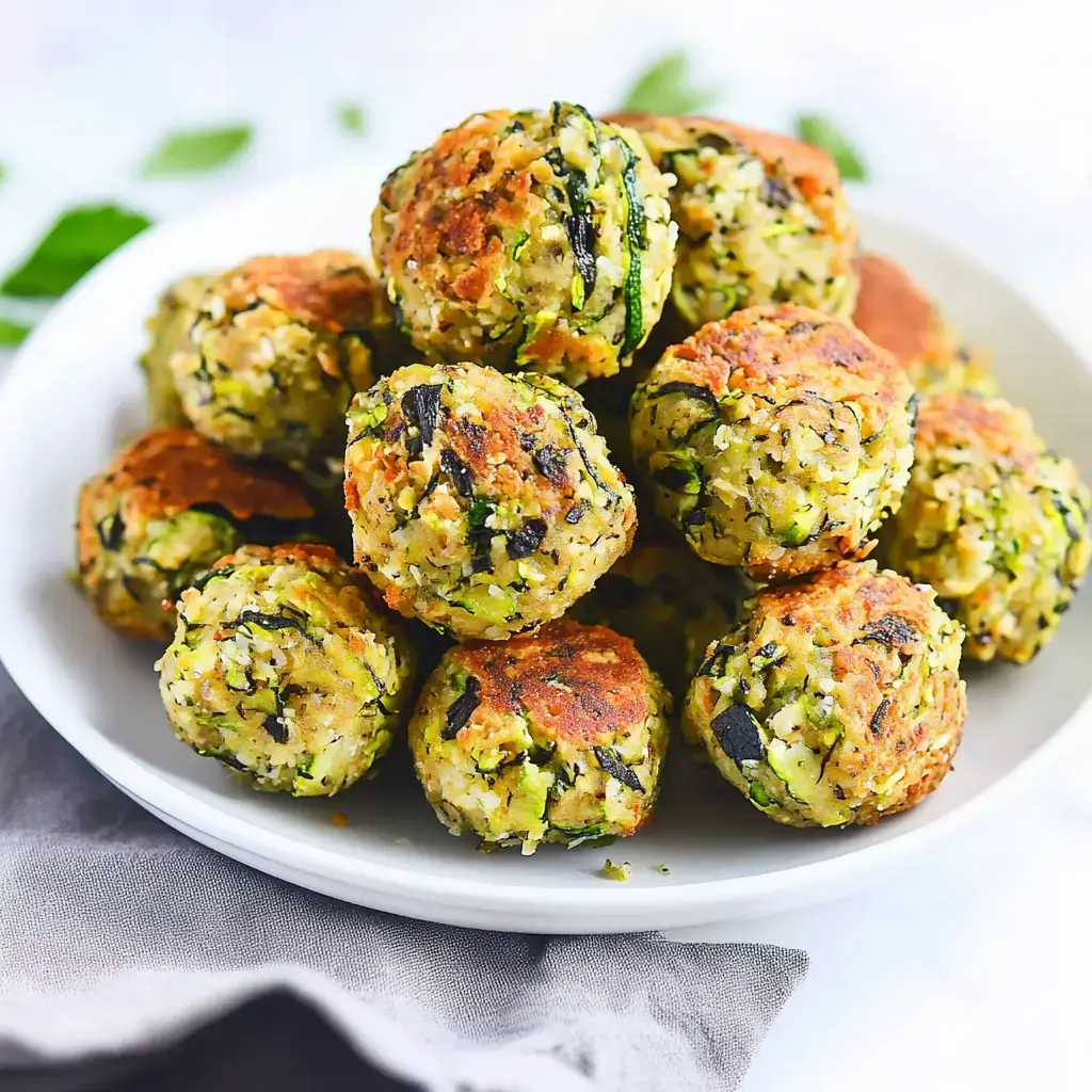 A plate of golden-brown vegetable balls made with zucchini and herbs, arranged in a neat stack.