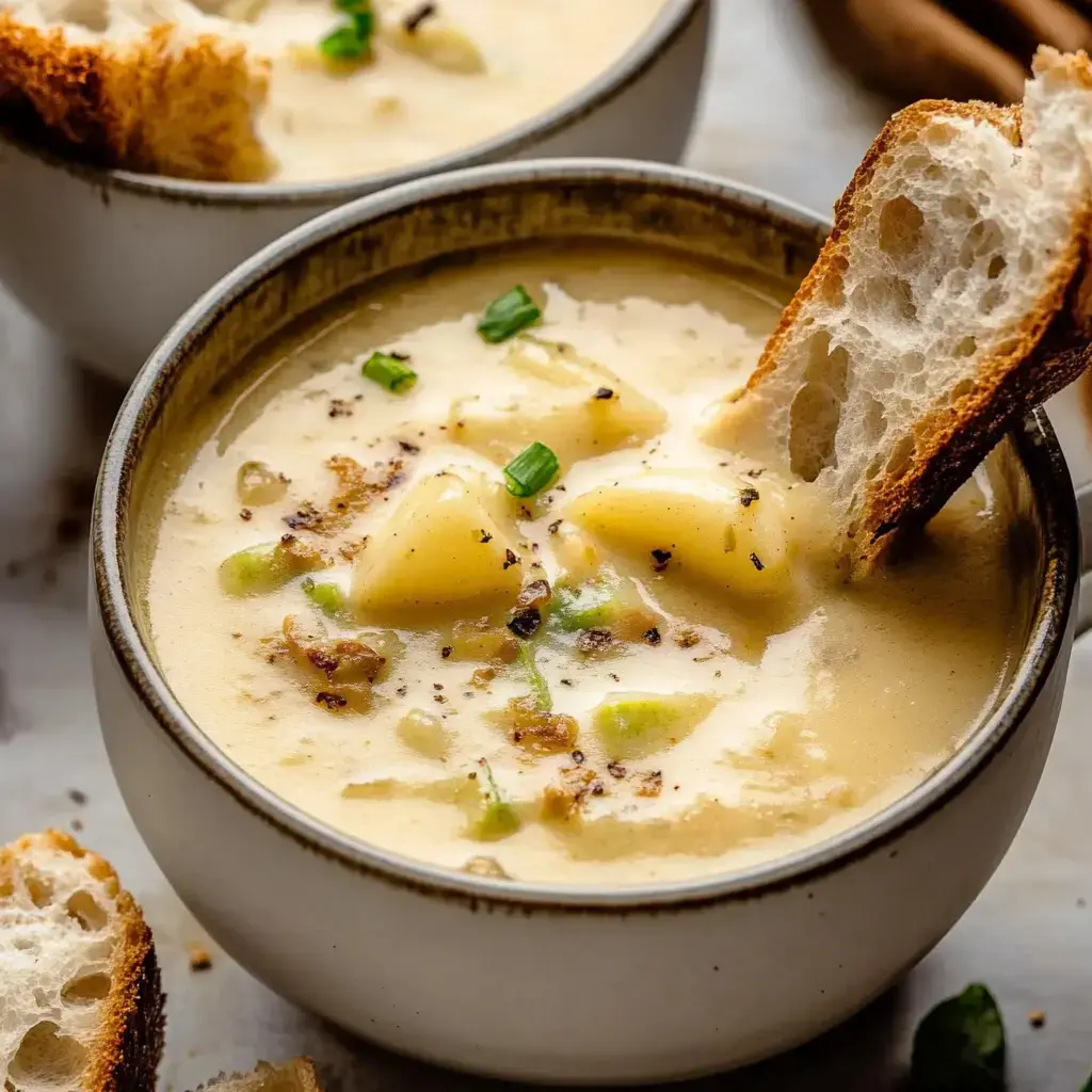 A close-up of a creamy soup with potatoes and green onions, accompanied by a piece of toasted bread for dipping.