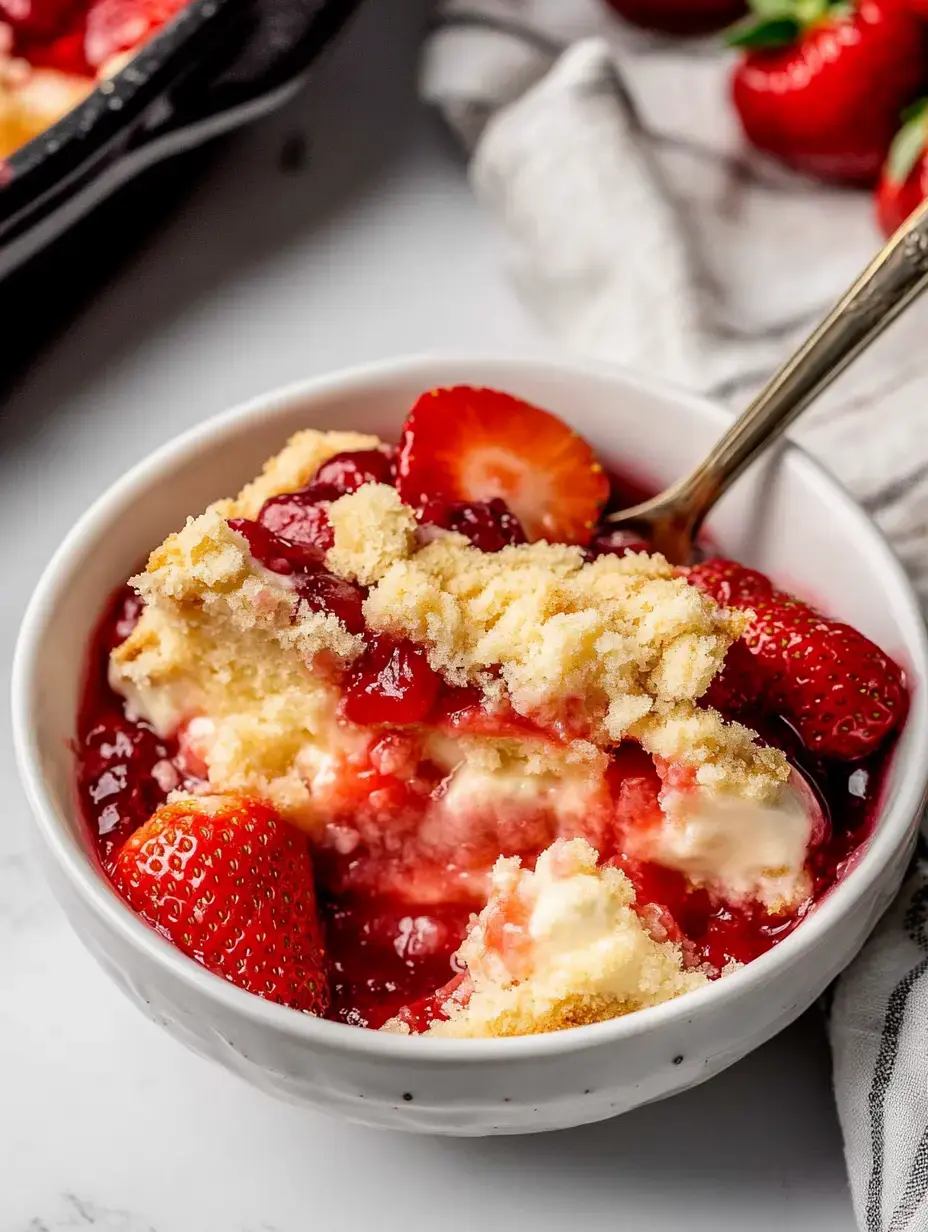 A bowl of dessert featuring creamy layers topped with strawberry sauce and fresh strawberries, with a golden crumb topping.