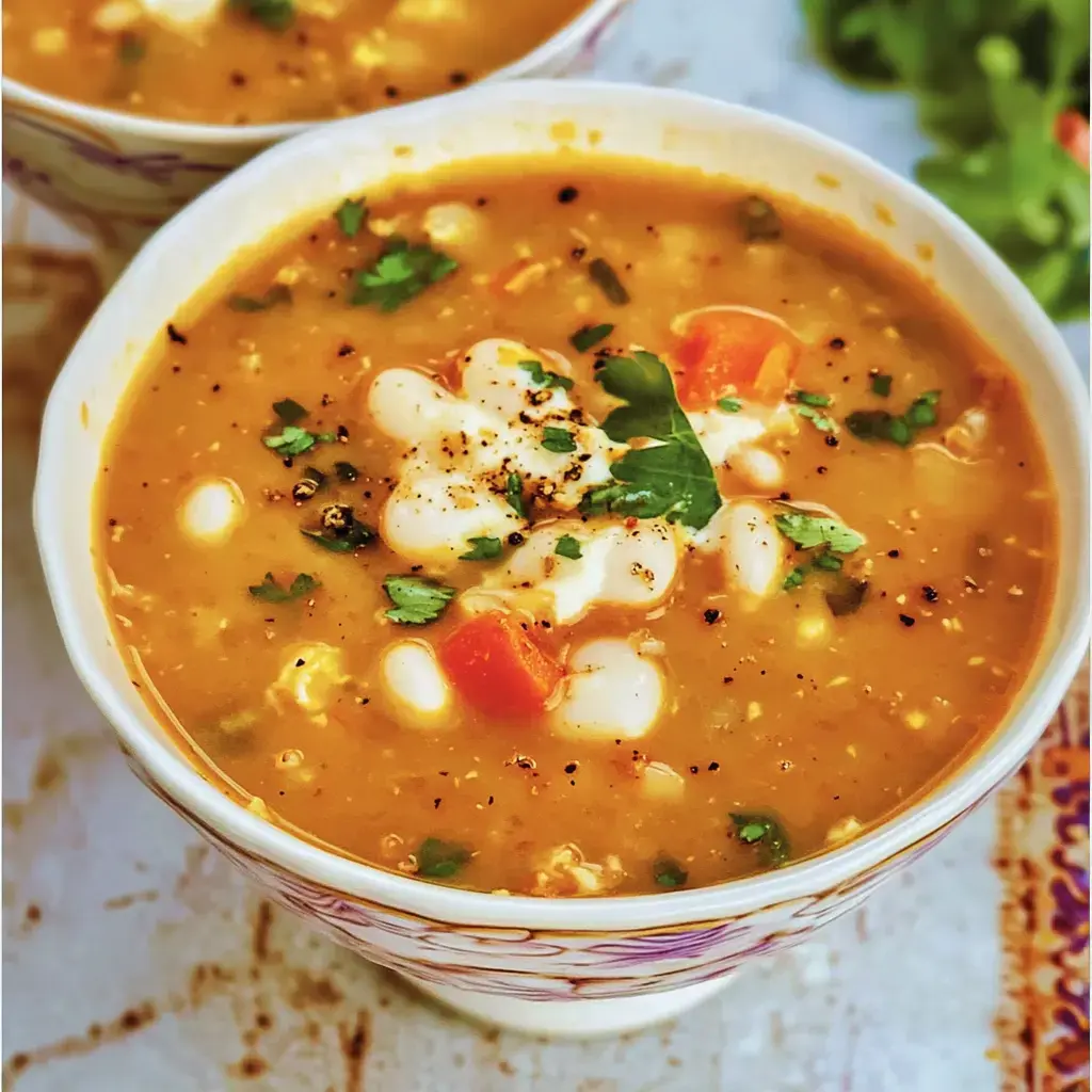 A close-up of bowls of soup garnished with white beans, chopped cilantro, and diced carrots.