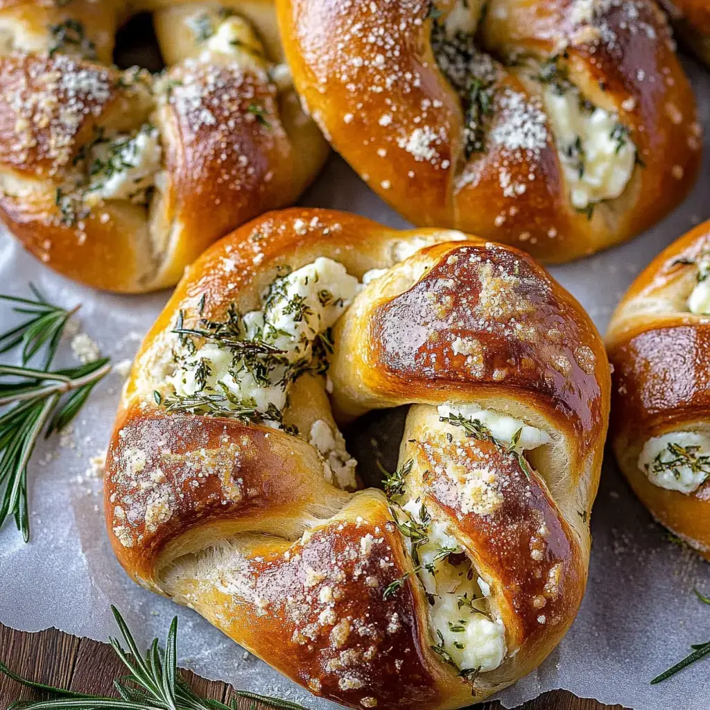 A close-up of freshly baked pretzels filled with cream cheese and garnished with herbs, displayed on a wooden surface.