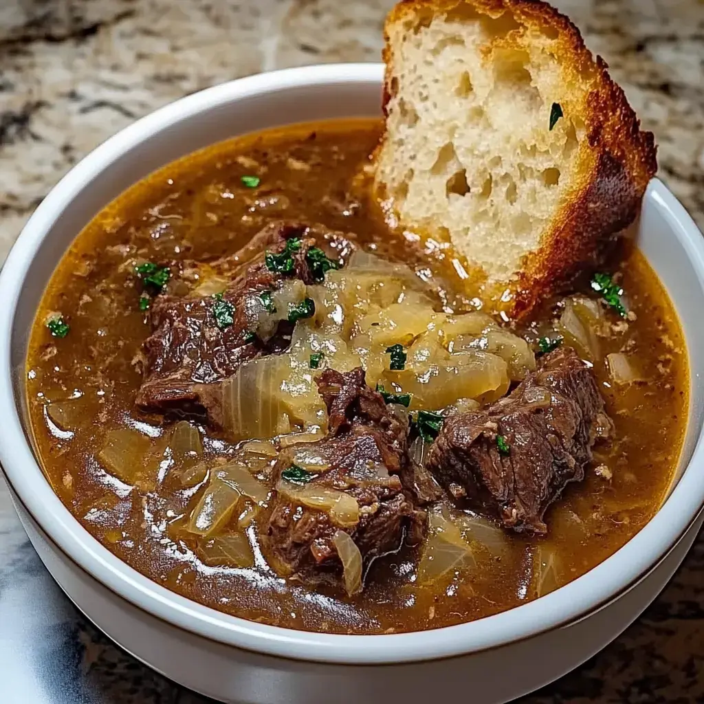 A bowl of rich beef stew with tender chunks of meat and onions, garnished with green parsley, accompanied by a slice of crusty bread.