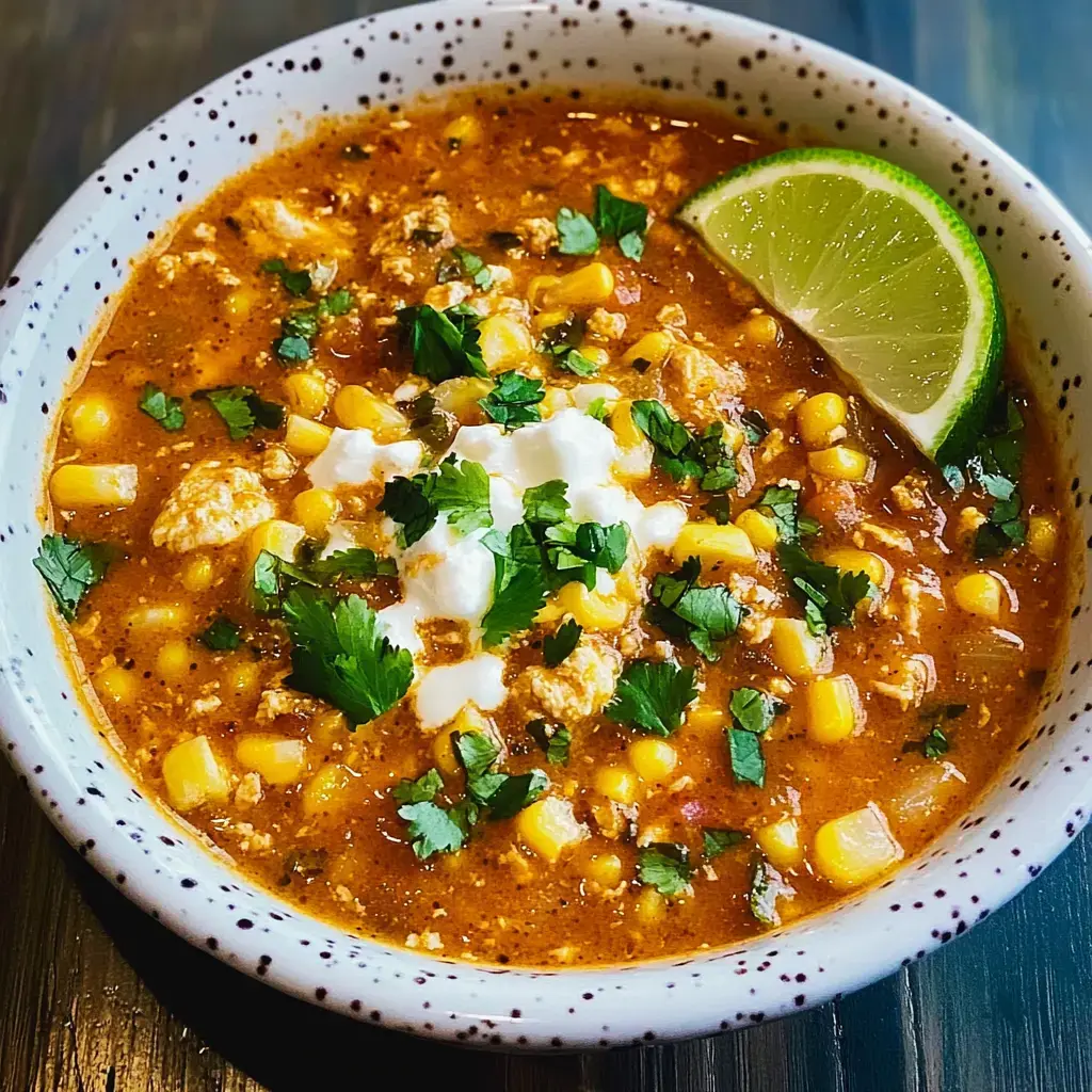 A bowl of hearty soup featuring corn, cilantro, and cream, garnished with a lime wedge.