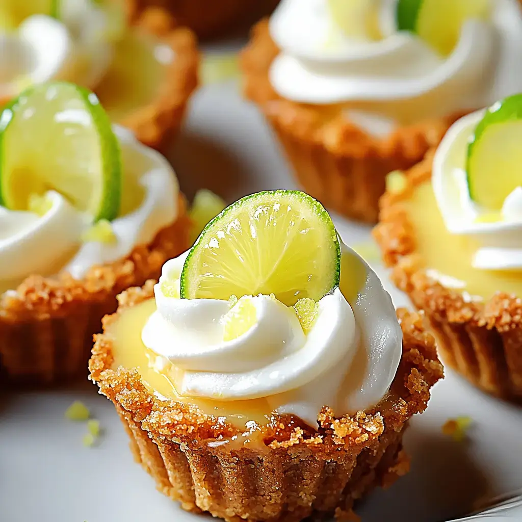 A close-up of individual lemon tartlets topped with whipped cream and garnished with a slice of lime.