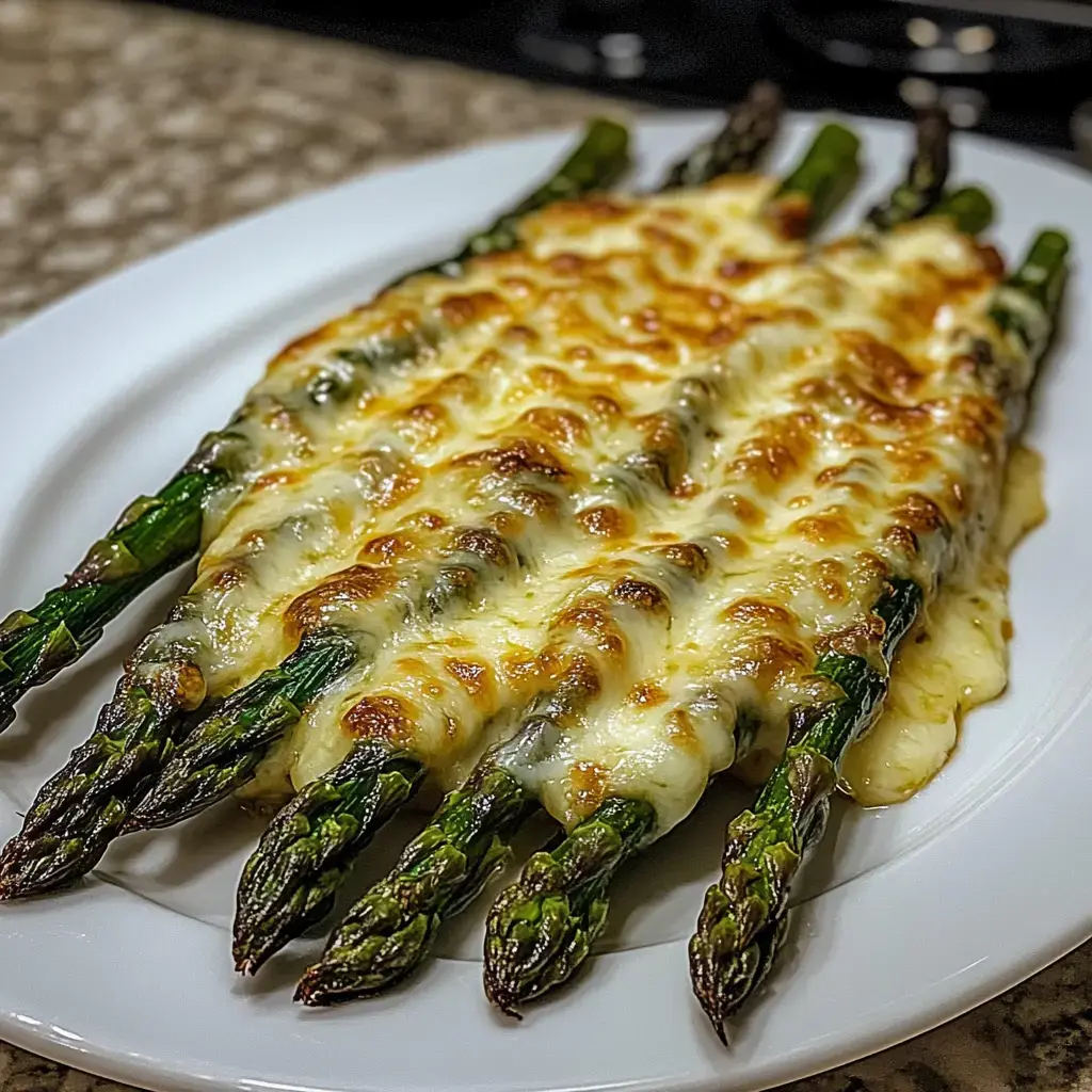 Baked asparagus topped with melted cheese, served on a white plate.