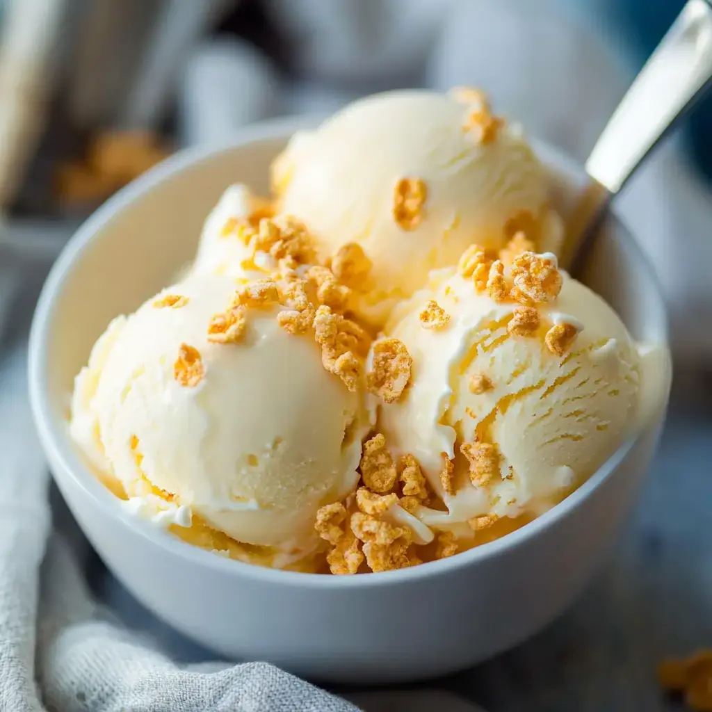 A white bowl filled with three scoops of vanilla ice cream topped with crunchy golden flakes.