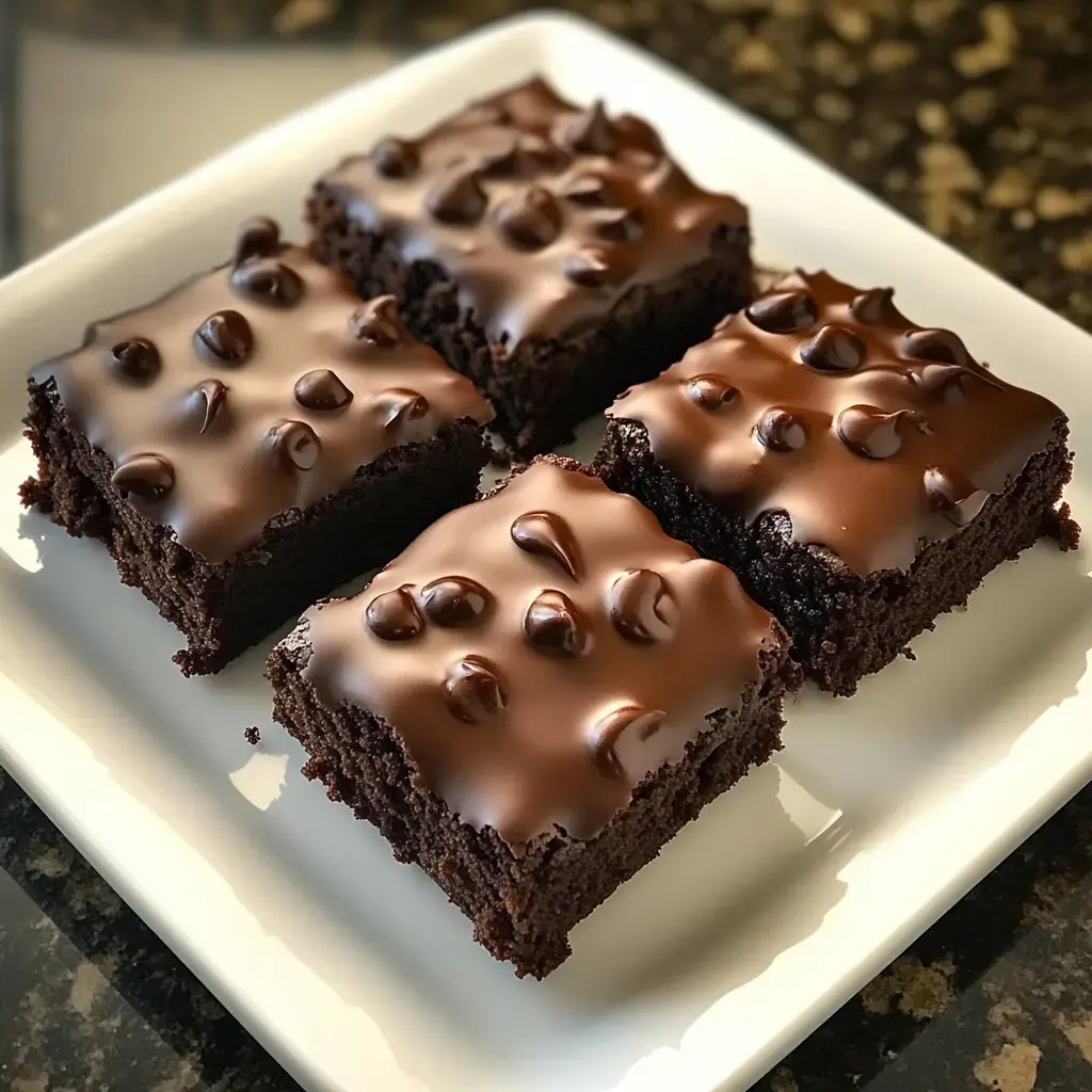 A plate of four chocolate brownies topped with glossy chocolate frosting and chocolate chips.