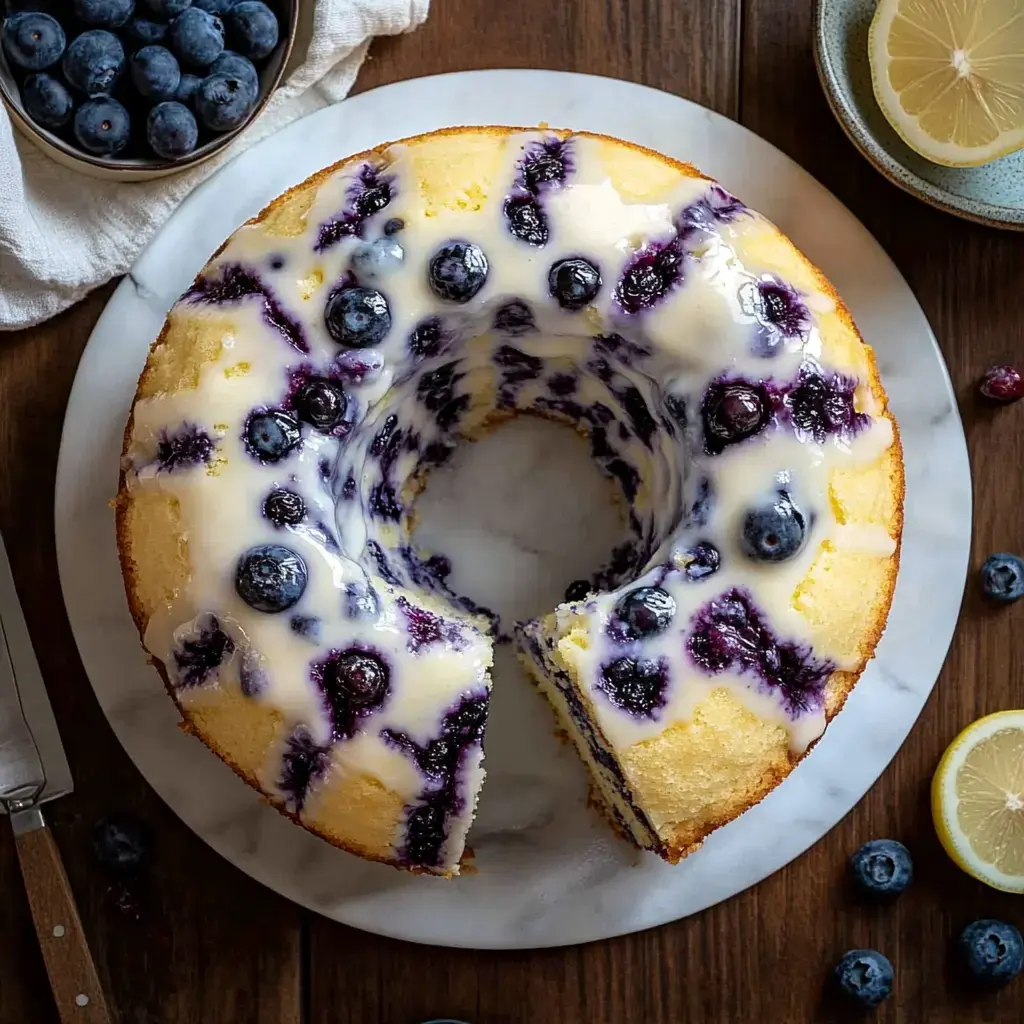 A sliced lemon blueberry cake with a glossy icing and fresh blueberries on top, displayed on a marble cake stand surrounded by additional blueberries and a lemon.