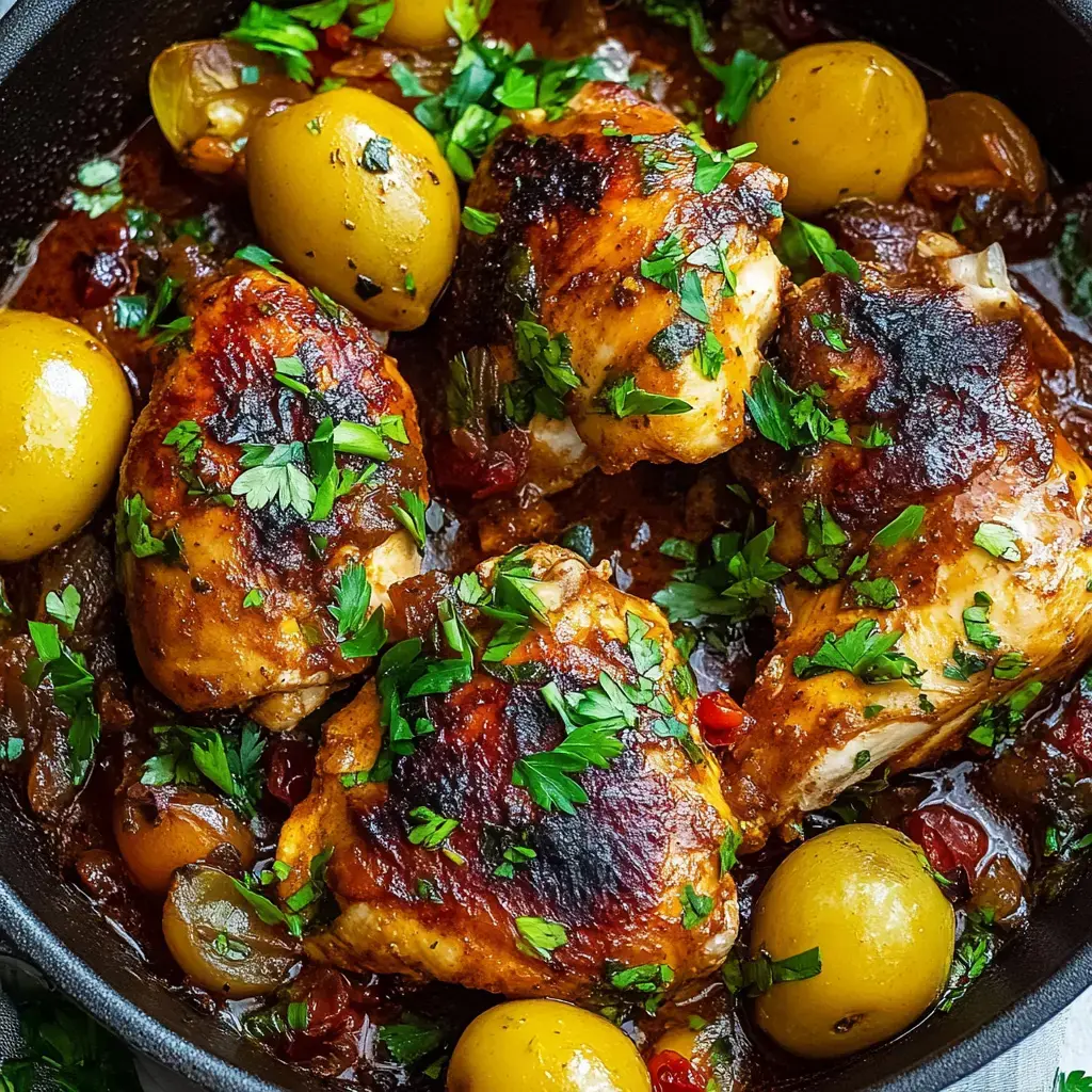 A skillet filled with golden-brown chicken pieces garnished with fresh parsley, surrounded by green olives and a rich sauce.