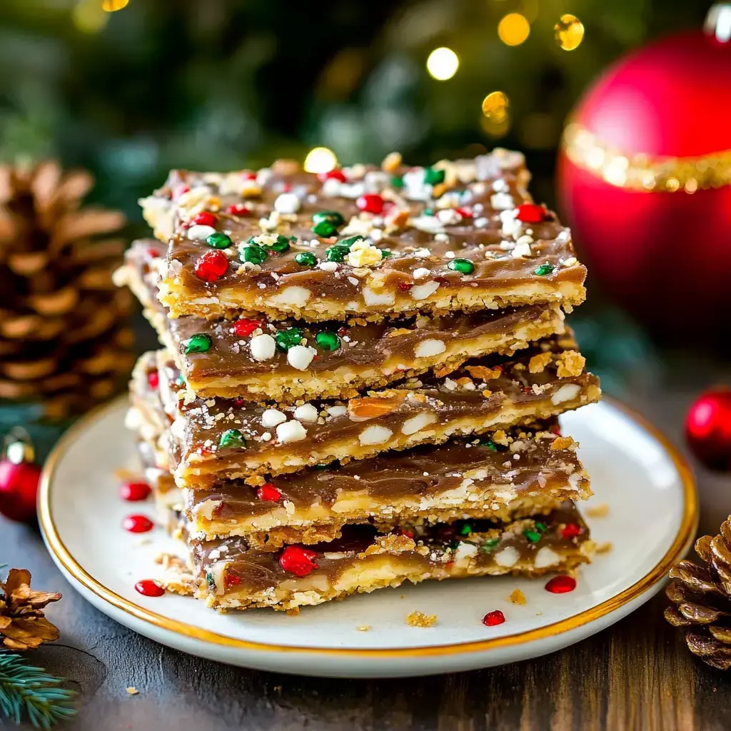 A stack of festive chocolate-covered treats, decorated with red and green sprinkles, sits on a decorative plate surrounded by holiday decorations.