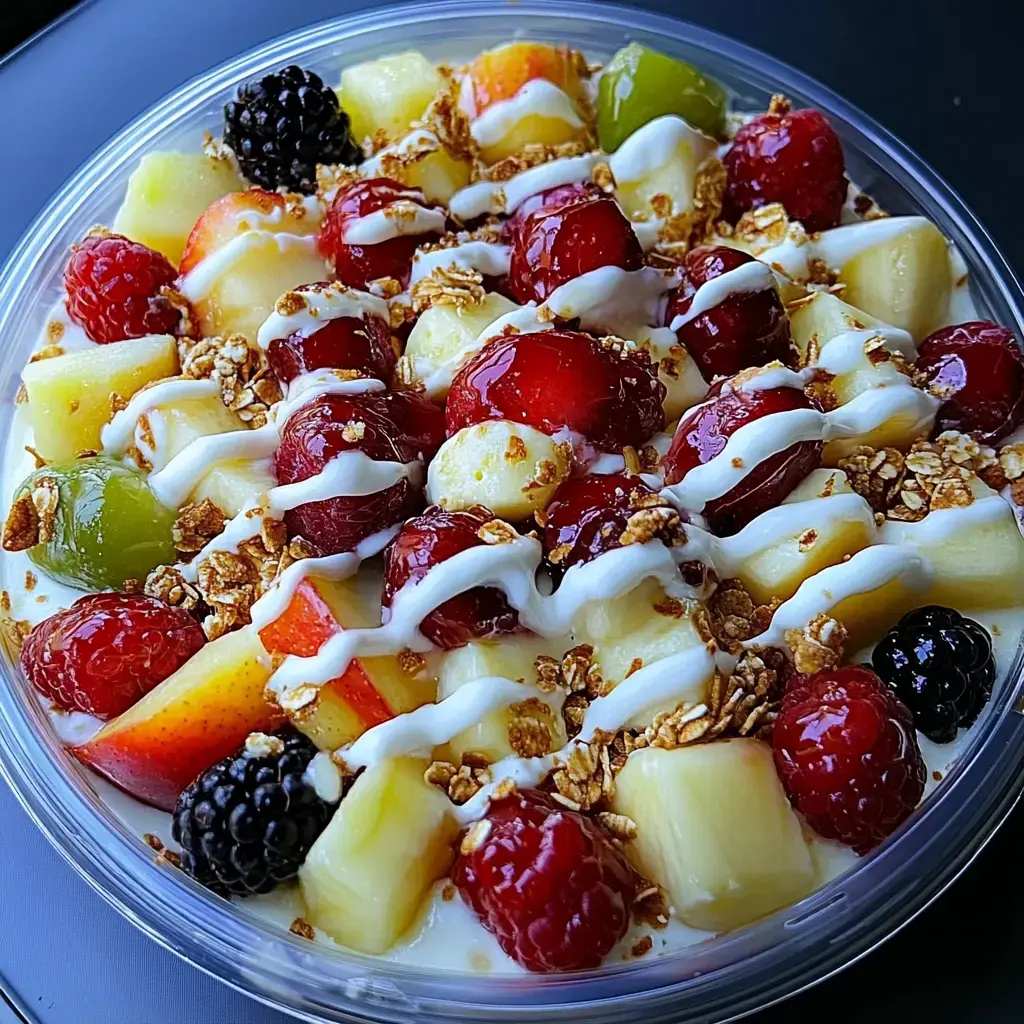 A clear bowl filled with a variety of fresh fruits topped with granola and a drizzle of yogurt.