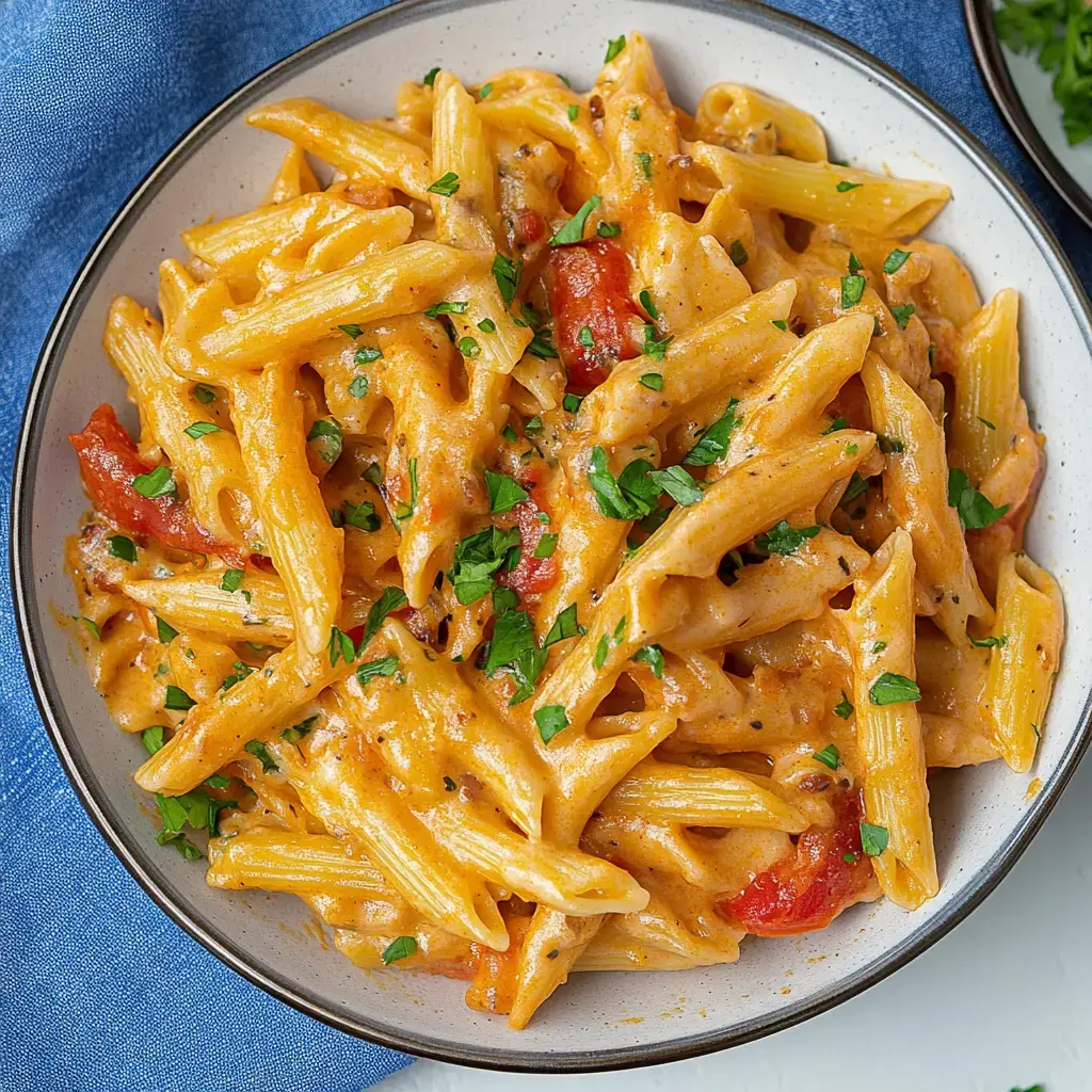 A bowl of creamy penne pasta topped with fresh parsley and diced tomatoes.