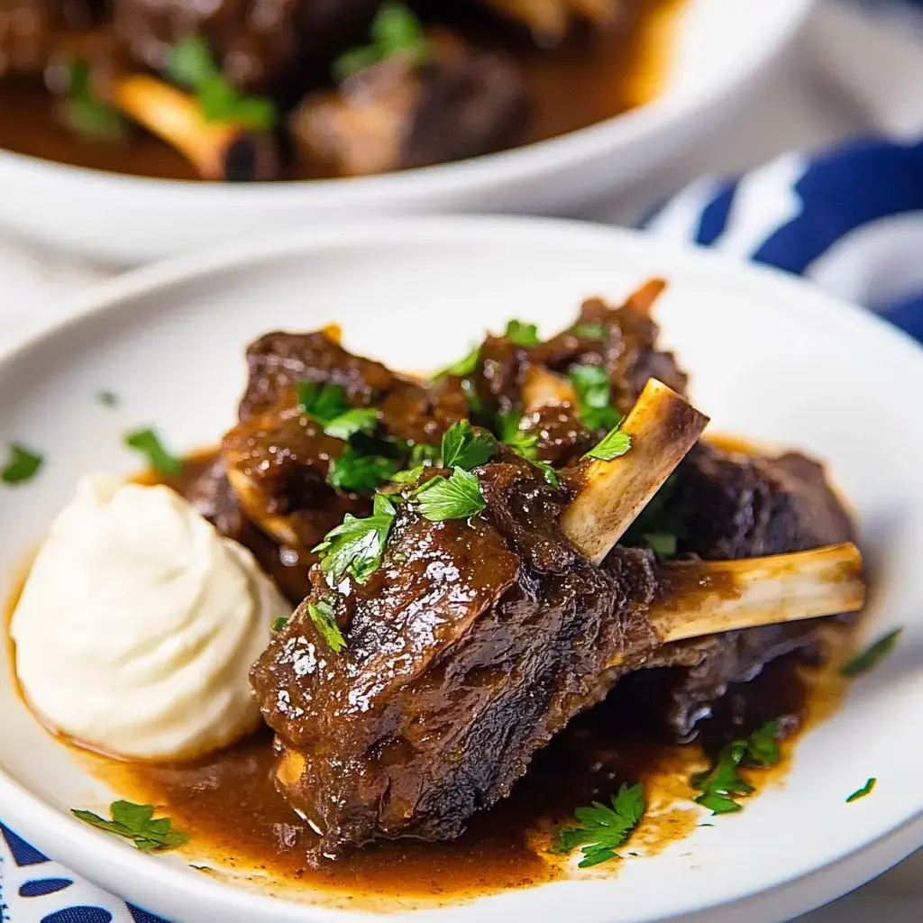 A plate of tender lamb shanks in a rich sauce, garnished with parsley and served with a side of creamy mashed potatoes.