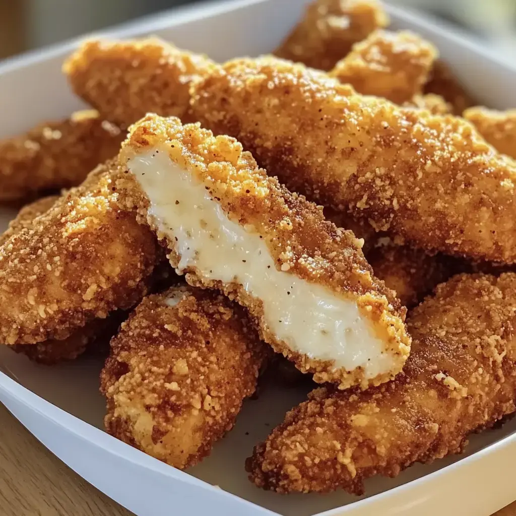 A plate of golden-brown crispy chicken tenders, one of which is cut open to reveal a creamy filling.