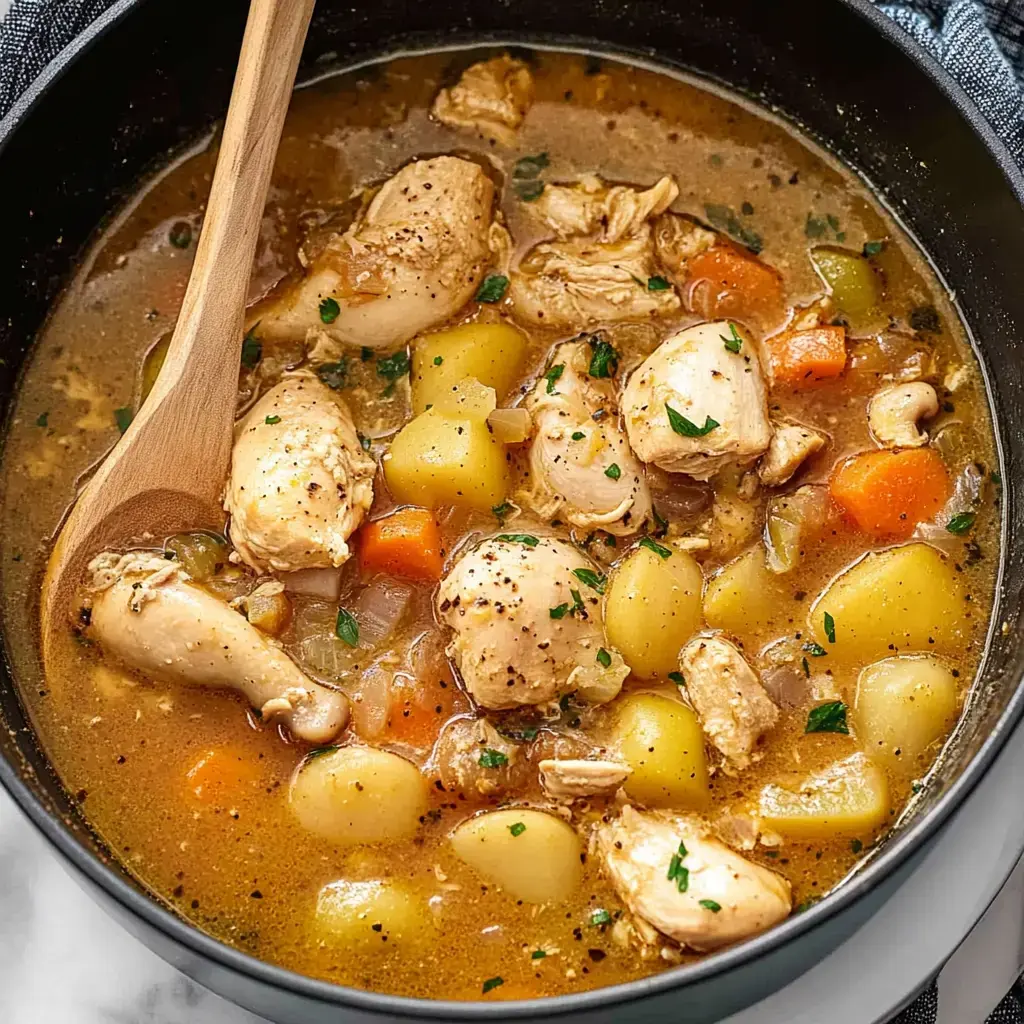 A pot of chicken stew with tender chicken pieces, potatoes, carrots, and herbs, stirred with a wooden spoon.