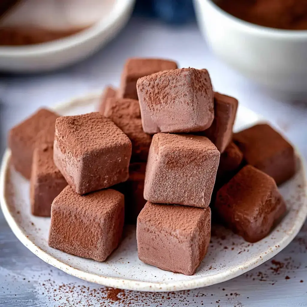 A plate stacked with cocoa-dusted chocolate squares, with some cocoa powder scattered around.