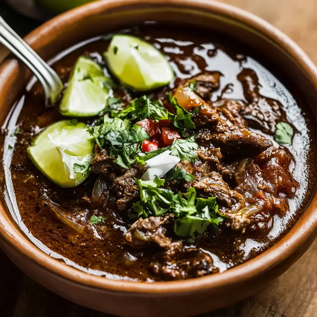 A bowl of richly colored beef stew garnished with lime wedges, diced tomatoes, and fresh cilantro.