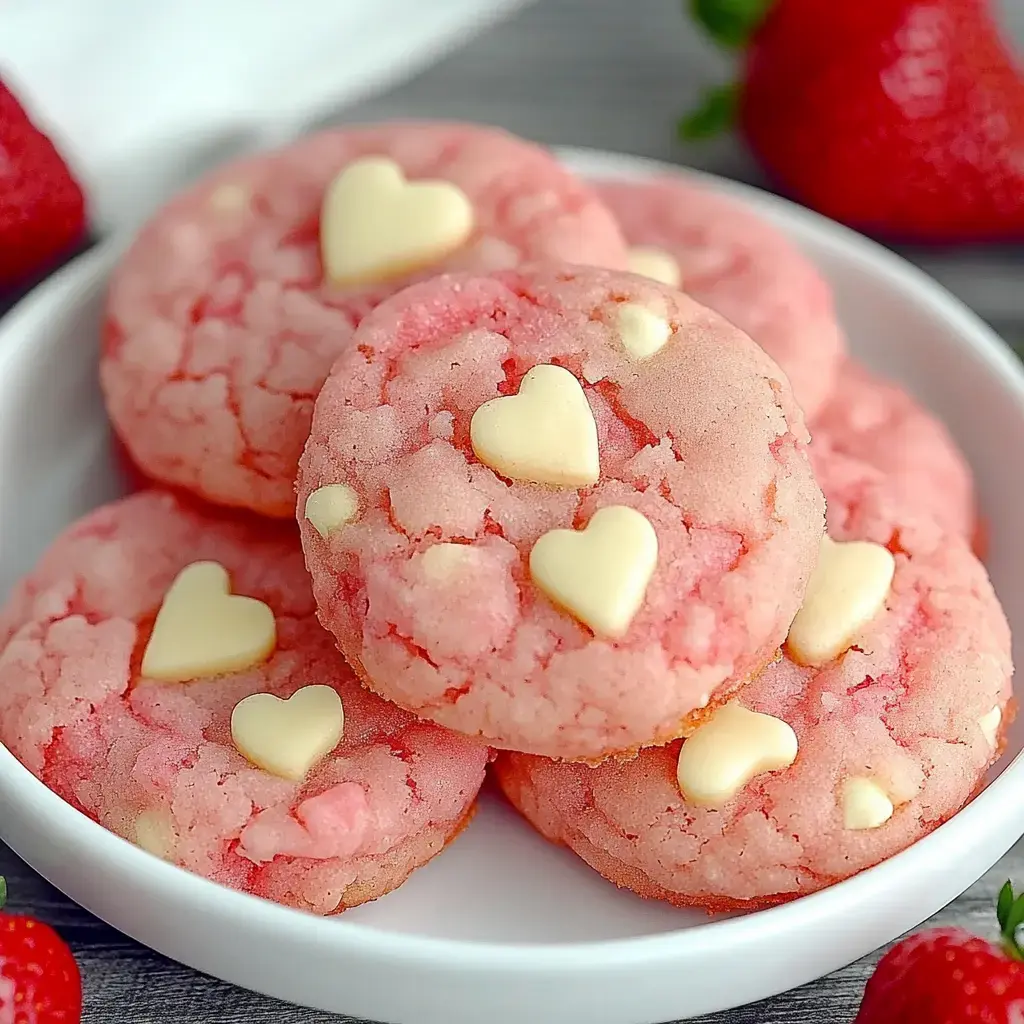 A plate of pink heart-shaped cookies with white chocolate chips, surrounded by fresh strawberries.