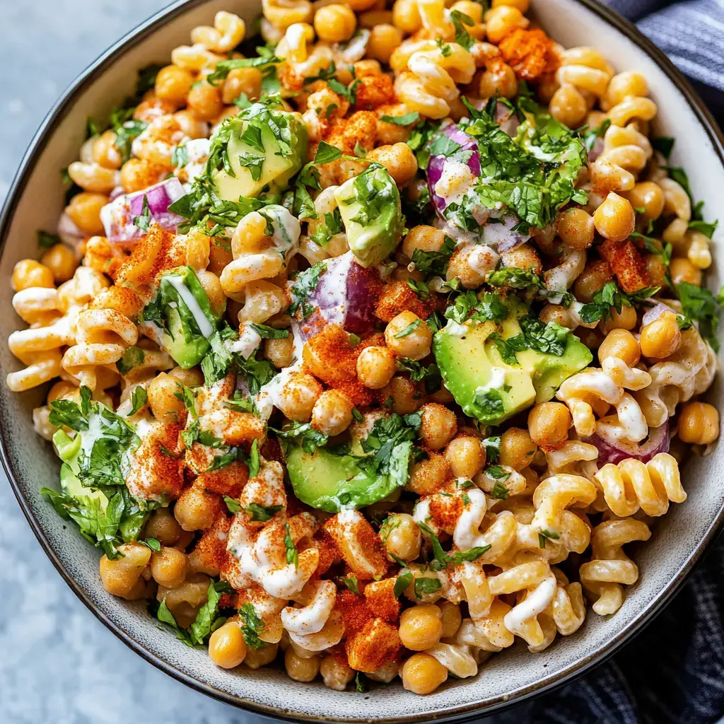 A colorful bowl of pasta mixed with chickpeas, avocado, and topped with fresh herbs and spices.