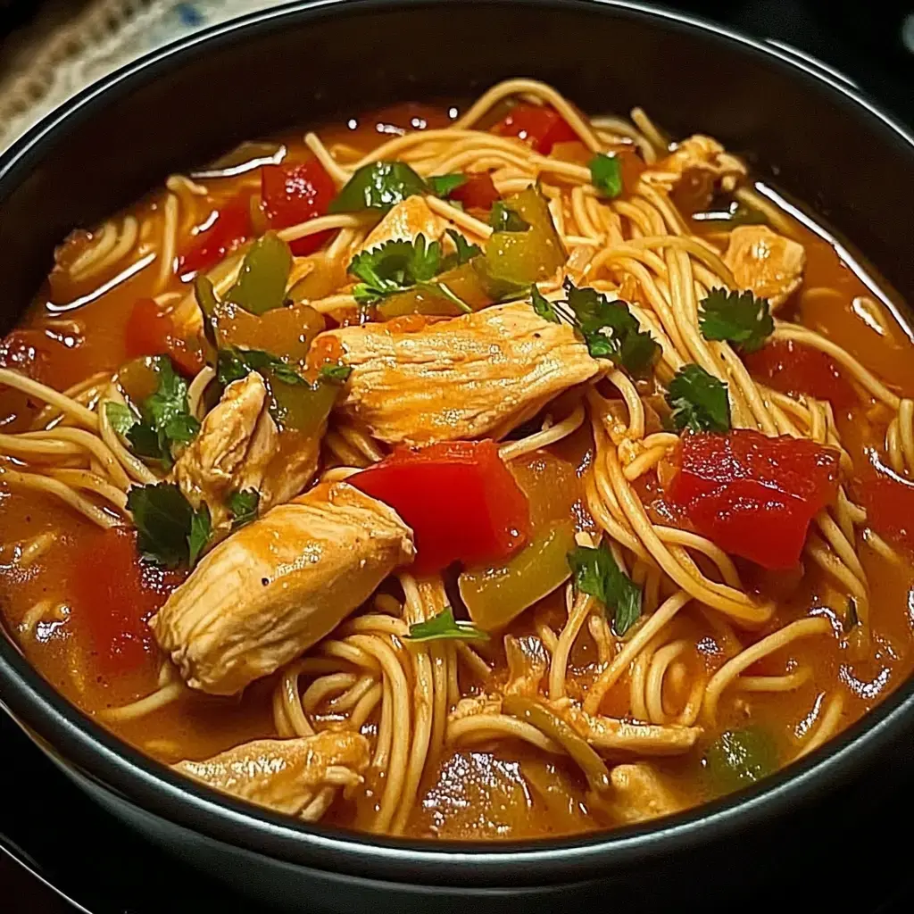 A bowl of chicken noodle soup with shredded chicken, colorful bell peppers, tomatoes, and fresh cilantro.