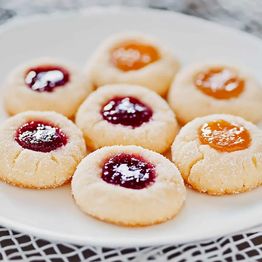 A plate of sugar-coated cookies with colorful fruit jam centers in various flavors.