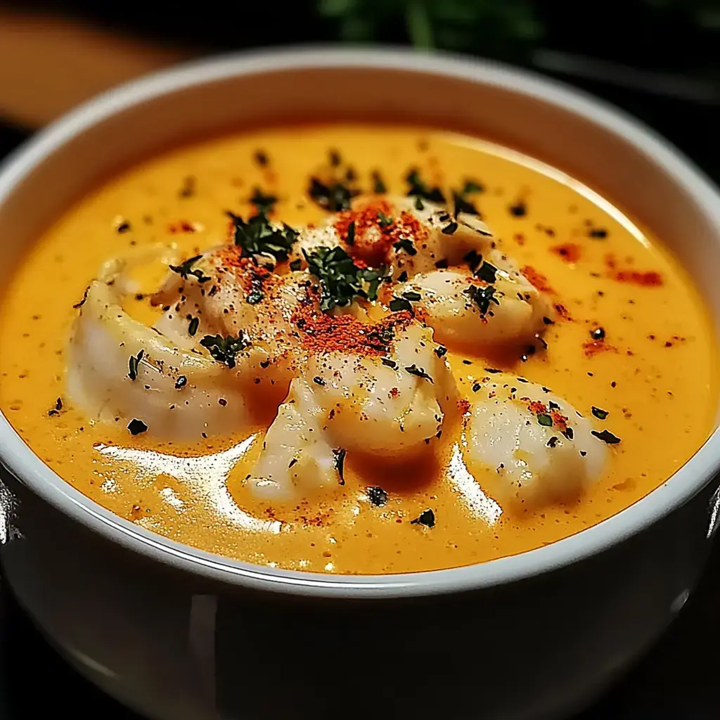 A bowl of creamy orange soup topped with pieces of seafood, parsley, and a sprinkle of paprika.