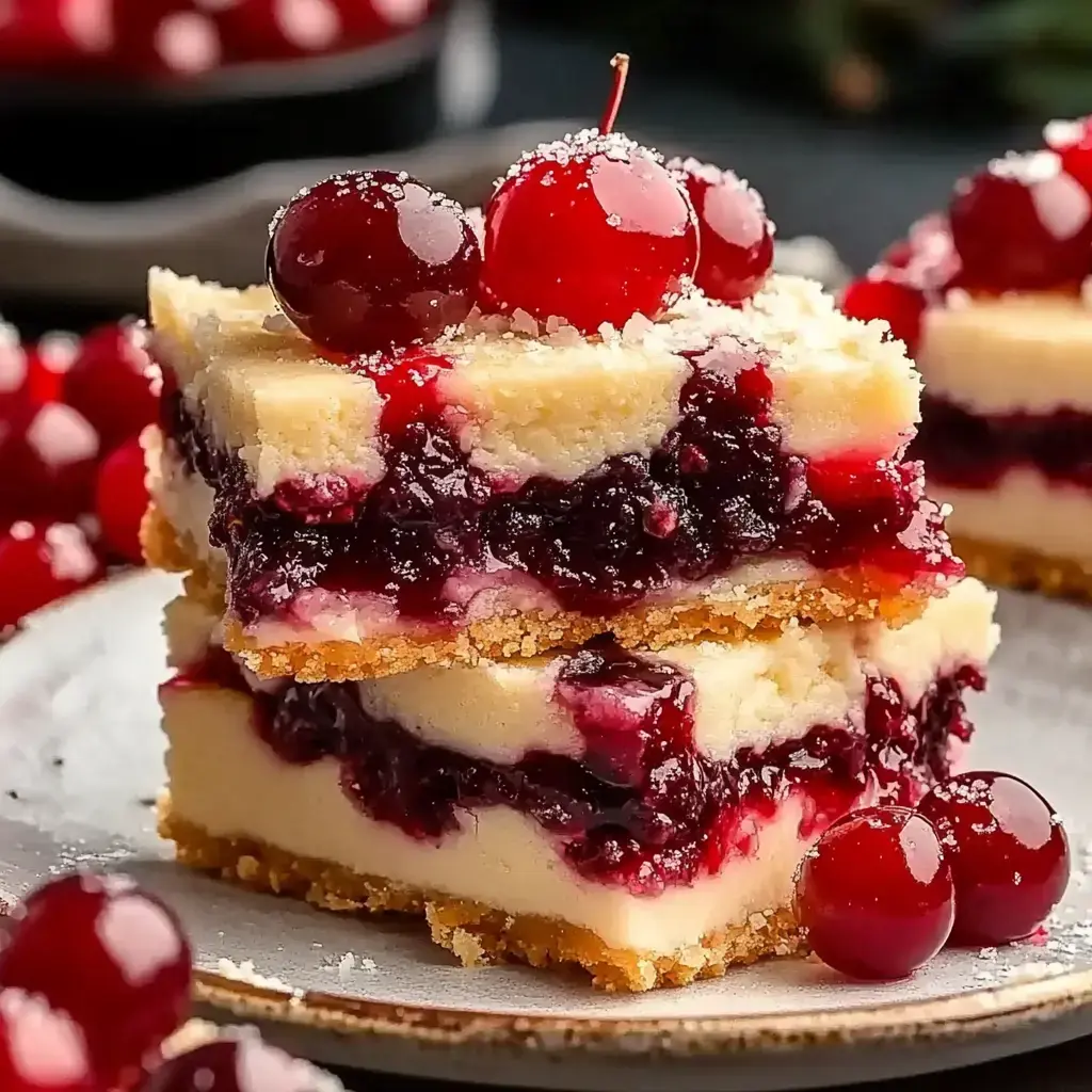 A close-up of layered dessert bars featuring a creamy layer and a rich fruit filling, topped with glossy cherries and dusted with powdered sugar.