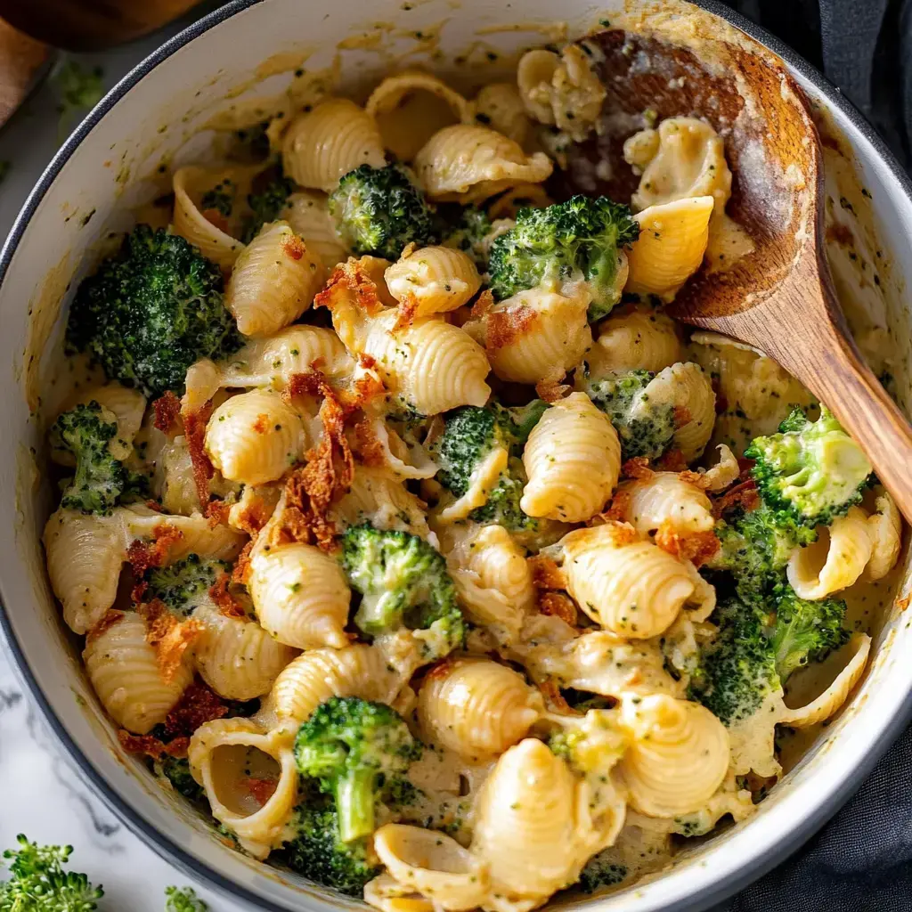 A creamy pasta dish featuring shell-shaped noodles, broccoli, and crispy toppings in a pot.