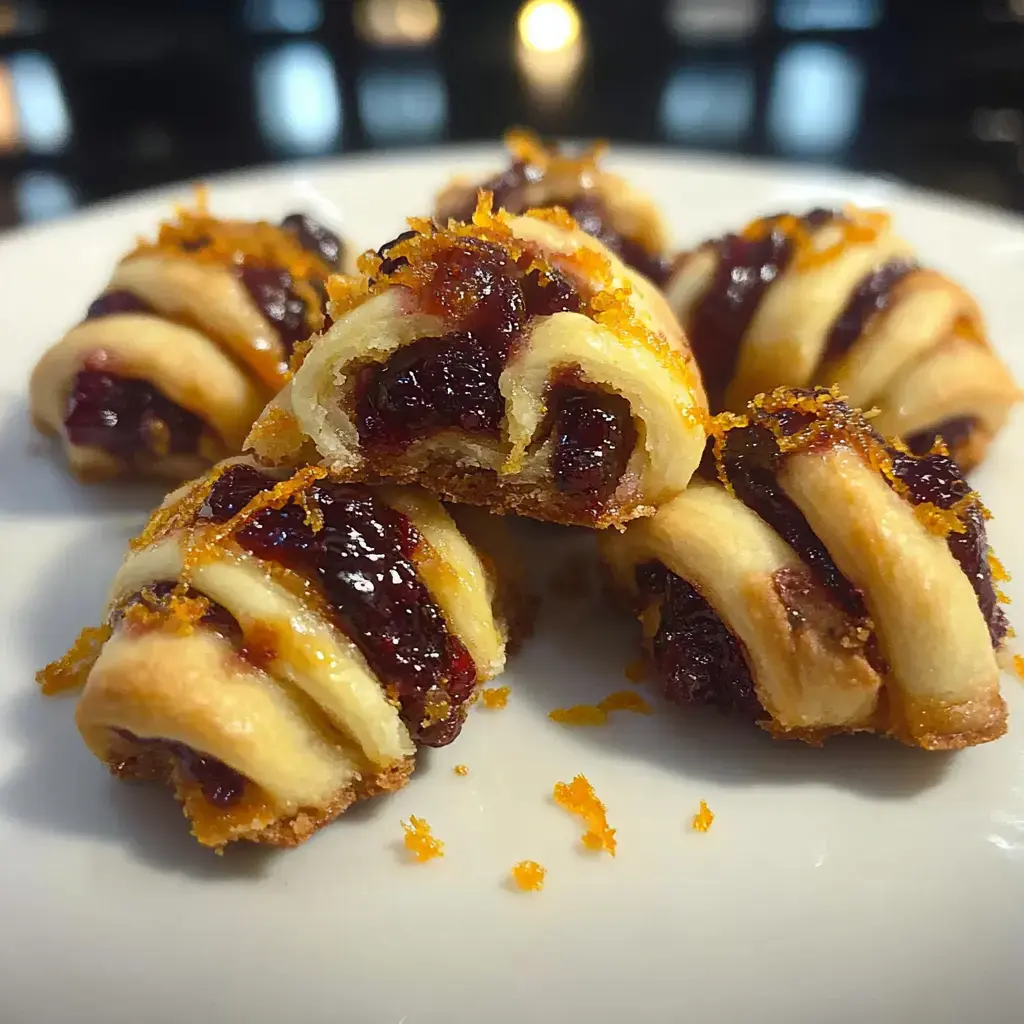 A close-up of baked pastries filled with a dark fruit jam, sprinkled with orange zest on a white plate.