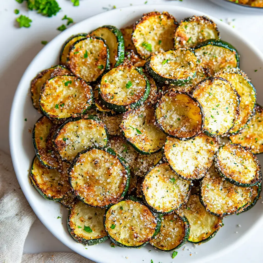 A plate of crispy, golden-brown zucchini chips is topped with grated cheese and parsley.