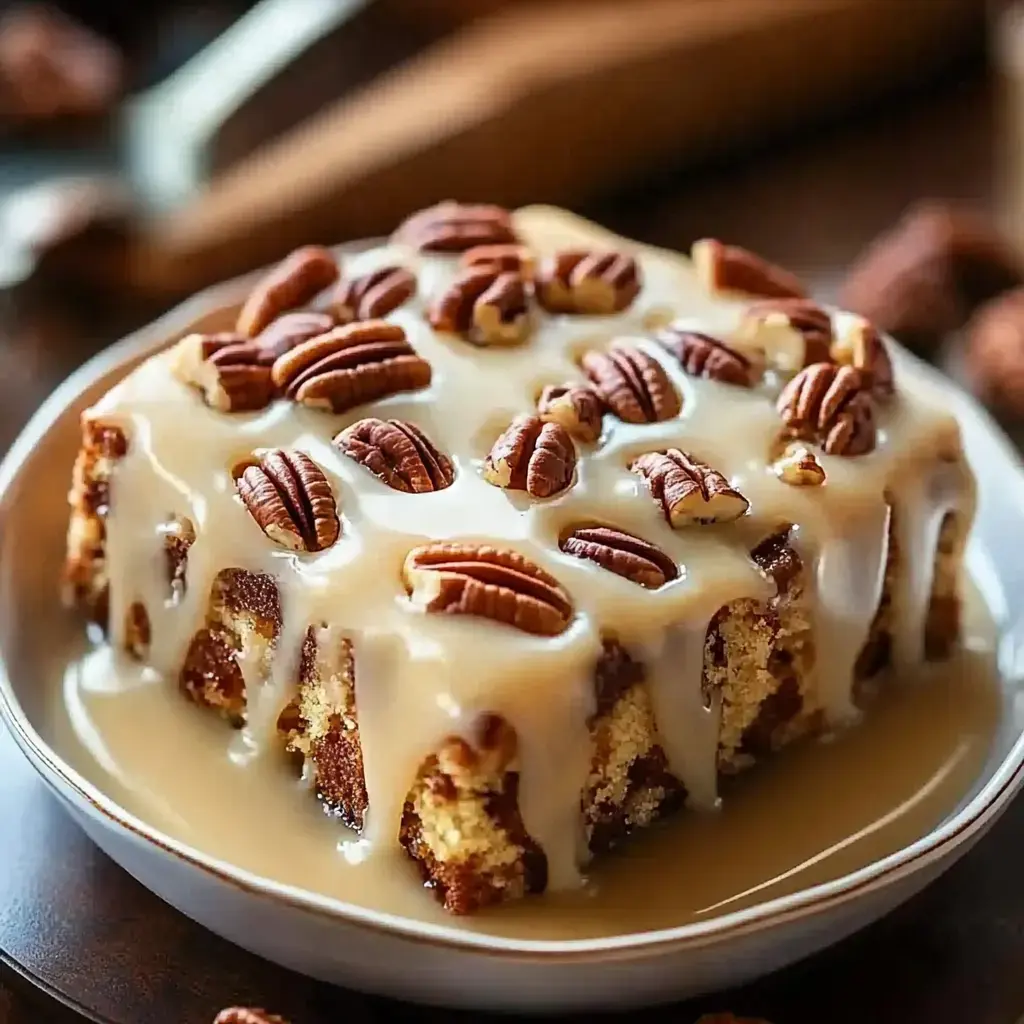 A moist cake topped with a creamy glaze and garnished with pecans sits on a plate.