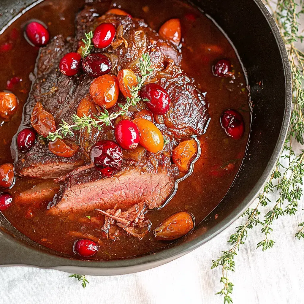 A succulent piece of braised meat topped with colorful berries and fresh thyme, served in a dark pan with a rich sauce.