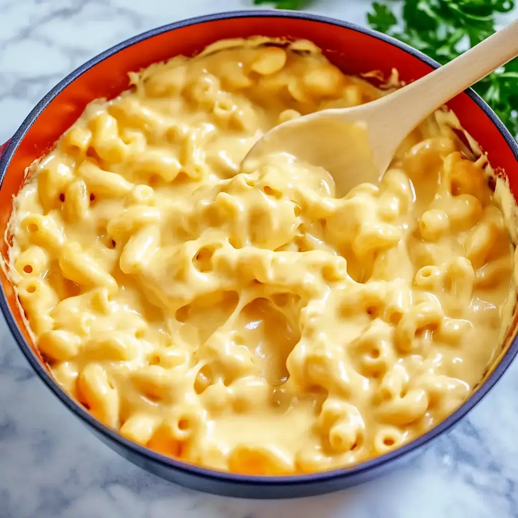 A close-up of a creamy bowl of macaroni and cheese with a wooden spoon resting inside.