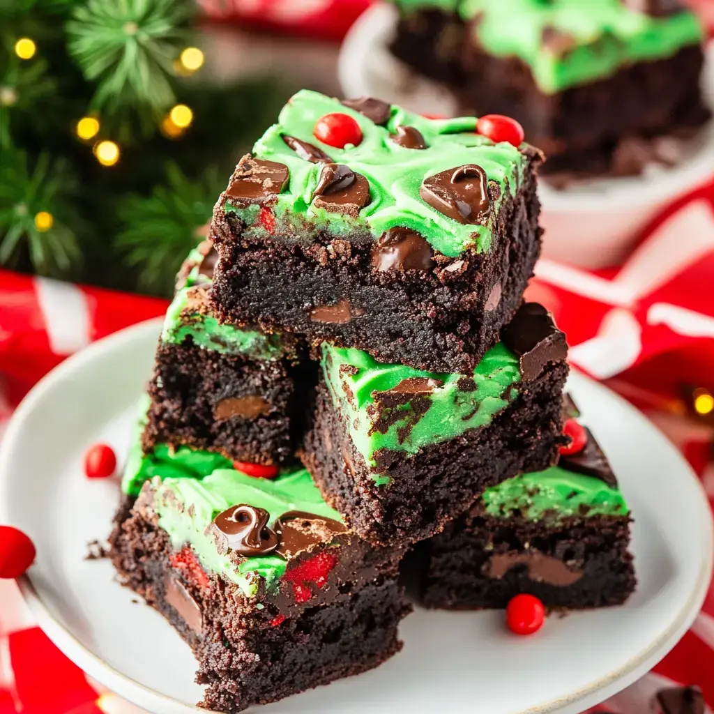 A stack of festive brownies decorated with green icing, chocolate chips, and red candies, set against a holiday-themed background.