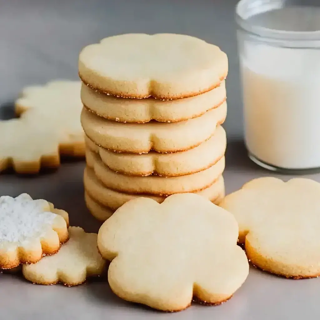 A stack of flower-shaped cookies is displayed alongside a glass of milk, with some cookies scattered nearby.