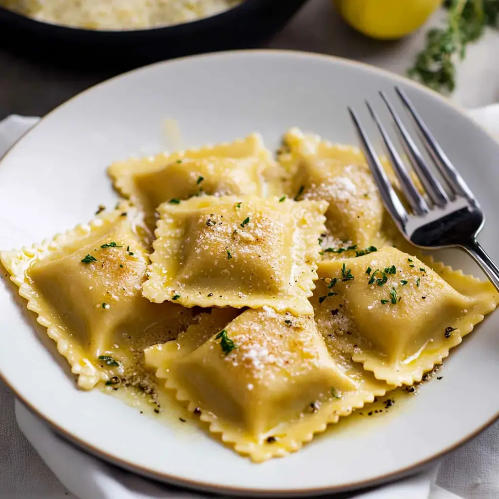 A plate of ravioli garnished with parsley and grated cheese, accompanied by a fork.