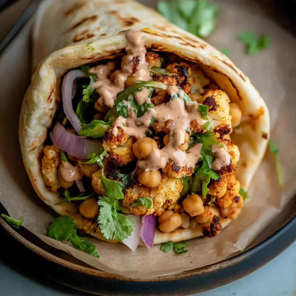 A close-up of a wrap filled with roasted cauliflower, chickpeas, red onion, fresh cilantro, and drizzled with a creamy sauce, served on a plate.