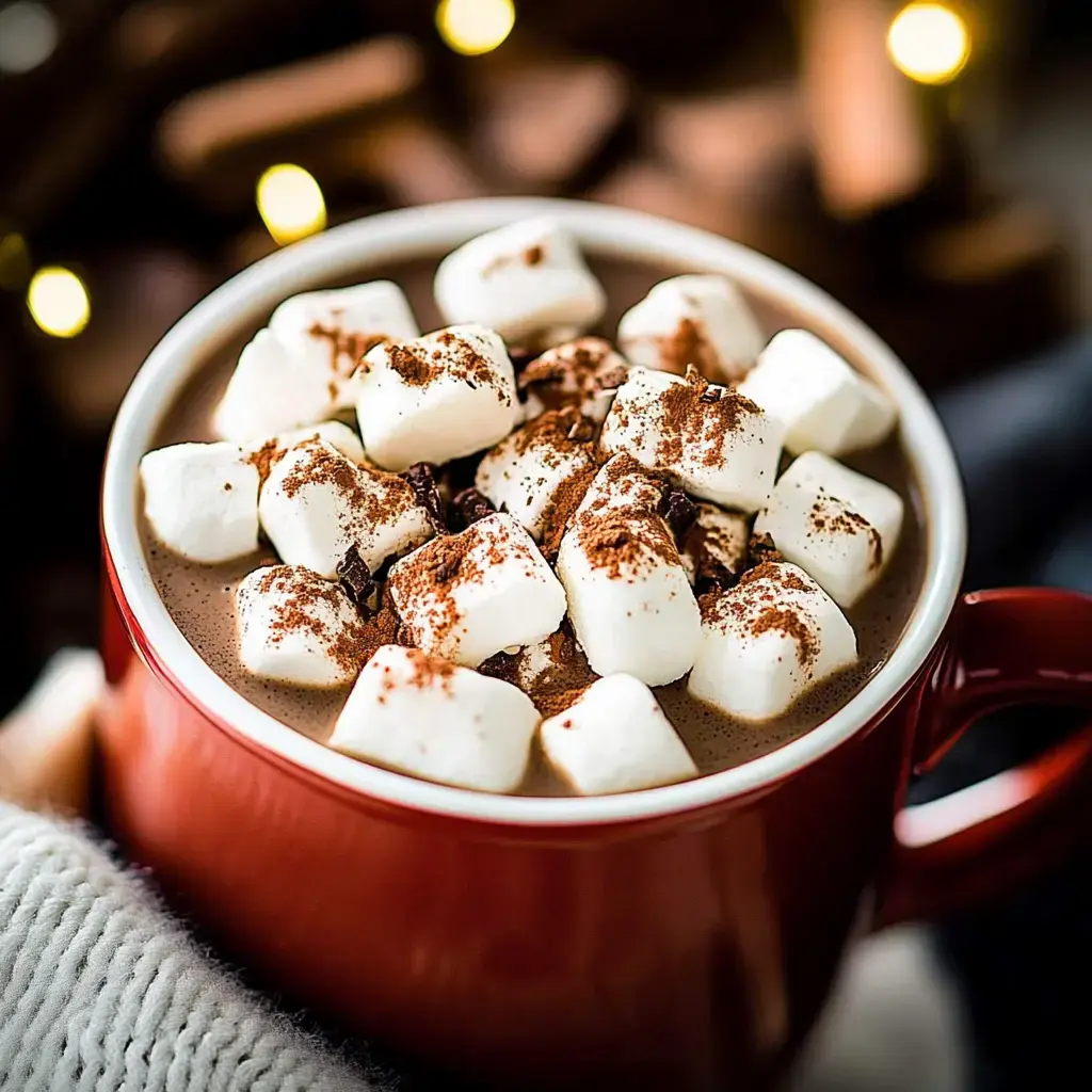 A close-up of a red mug filled with hot chocolate topped with fluffy marshmallows and a sprinkle of cocoa powder.