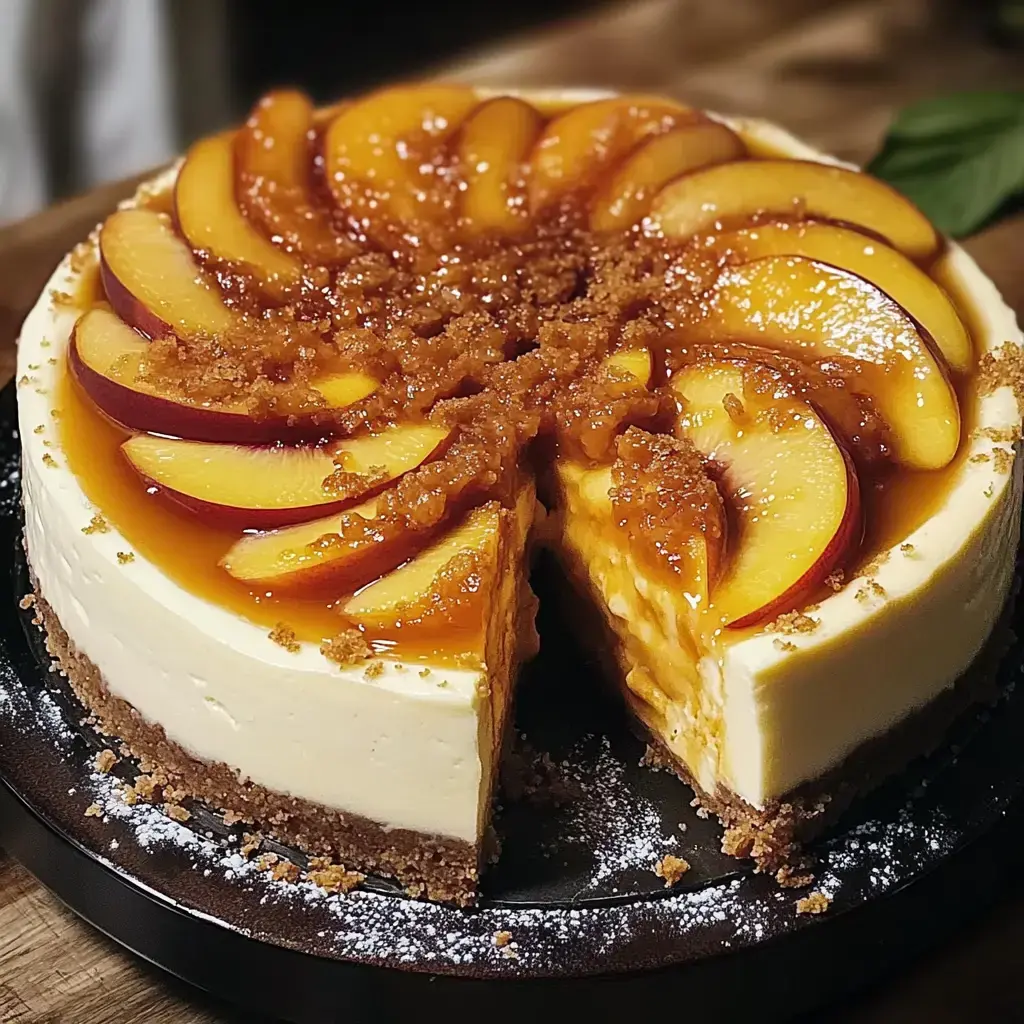 A creamy cheesecake topped with caramelized peach slices and brown sugar, with a slice cut out, resting on a dark plate.