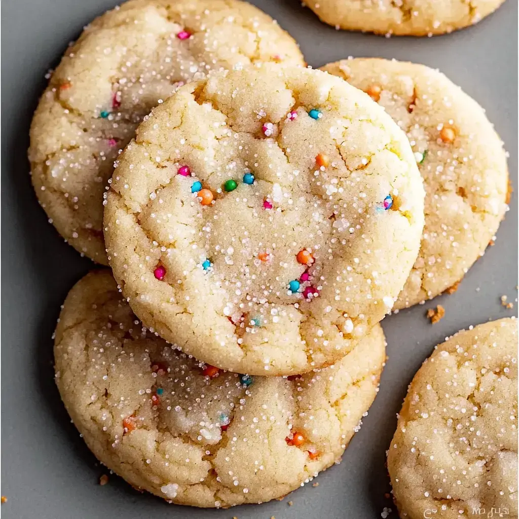 A close-up view of light-colored cookies sprinkled with colorful confetti and sugar on a gray plate.