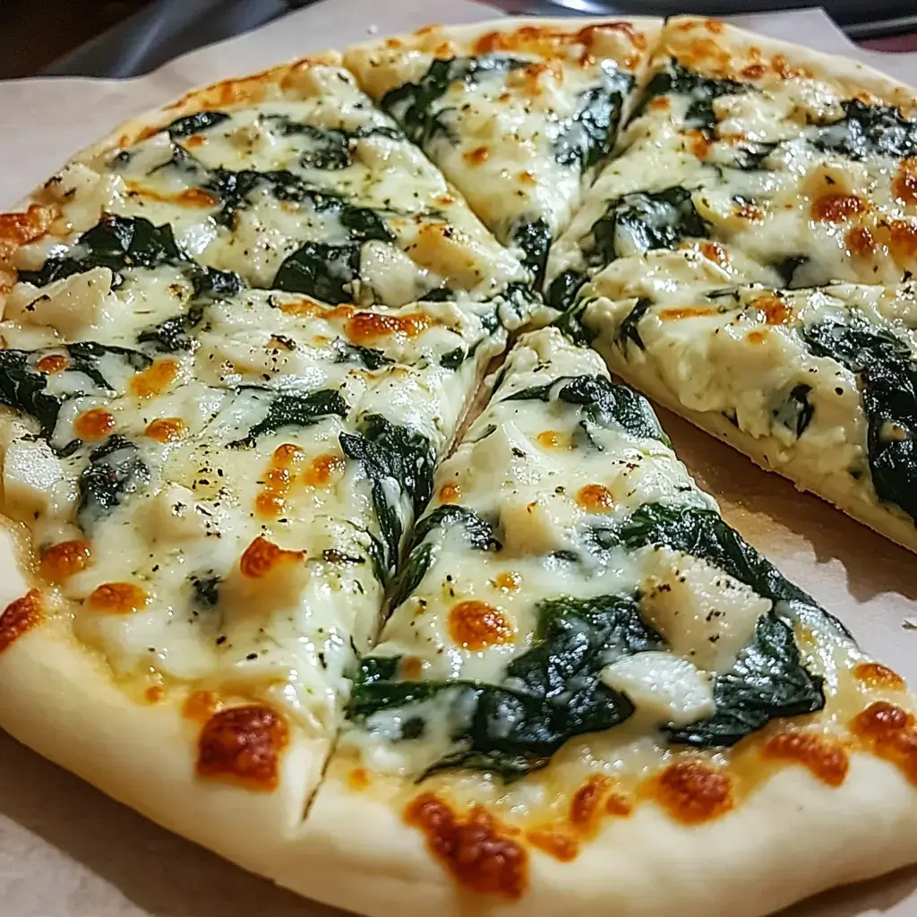 A freshly baked pizza with a golden crust topped with melted cheese, spinach, and garlic, sliced into six pieces.