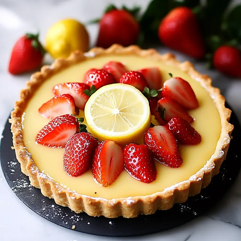 A beautifully arranged lemon tart topped with fresh strawberries and a slice of lemon, surrounded by whole strawberries on a marble surface.