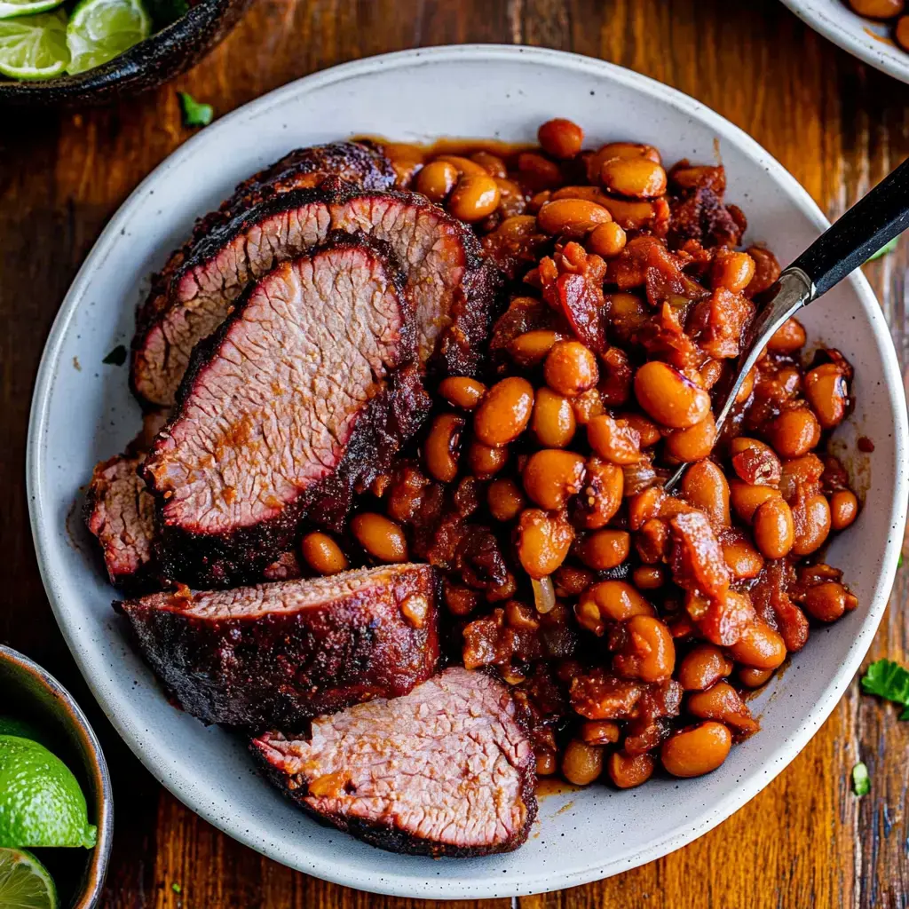 A plate of sliced smoked brisket served alongside a portion of baked beans.