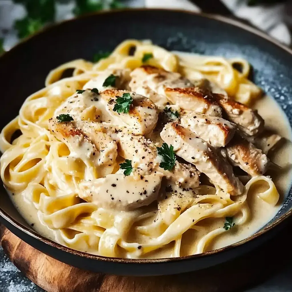 A bowl of creamy fettuccine pasta topped with sliced grilled chicken and garnished with parsley.