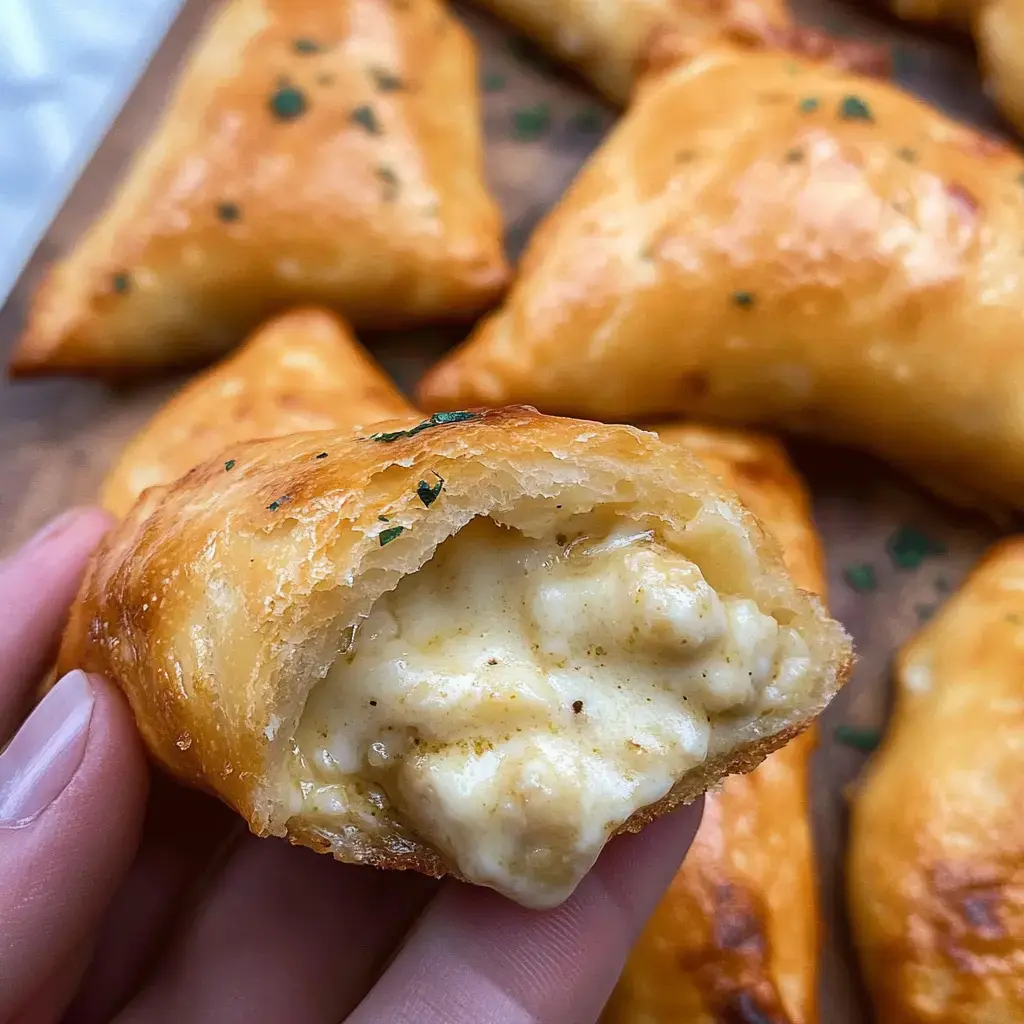 A close-up of a hand holding a golden-brown pastry, revealing a creamy filling inside, with more pastries in the background.