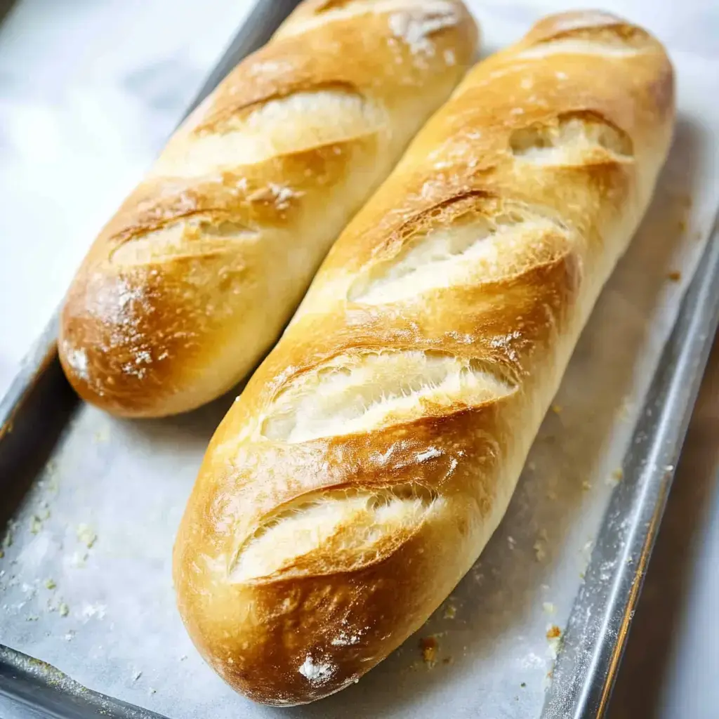 Two freshly baked loaves of bread with a crusty golden-brown exterior resting on a baking tray.