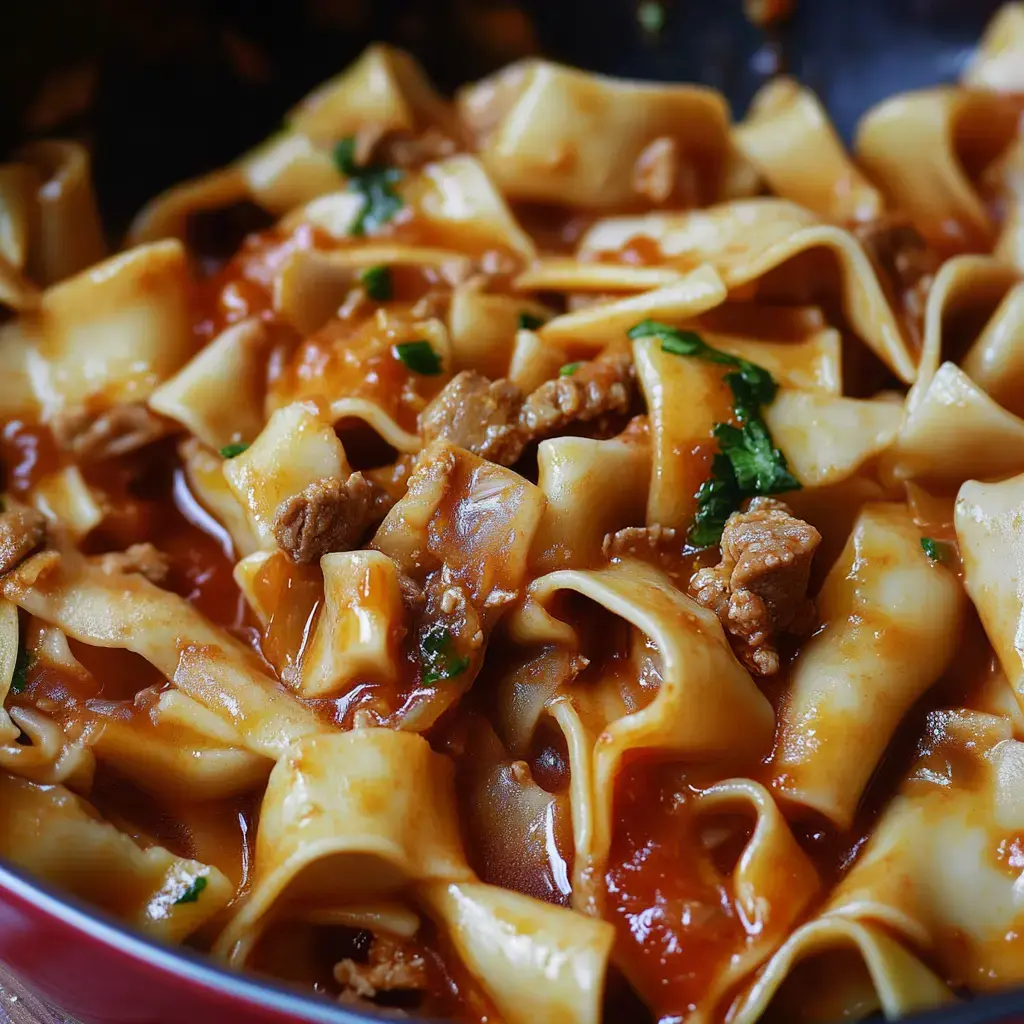 A close-up of wide pasta noodles mixed with meat and a rich red sauce, garnished with green herbs.