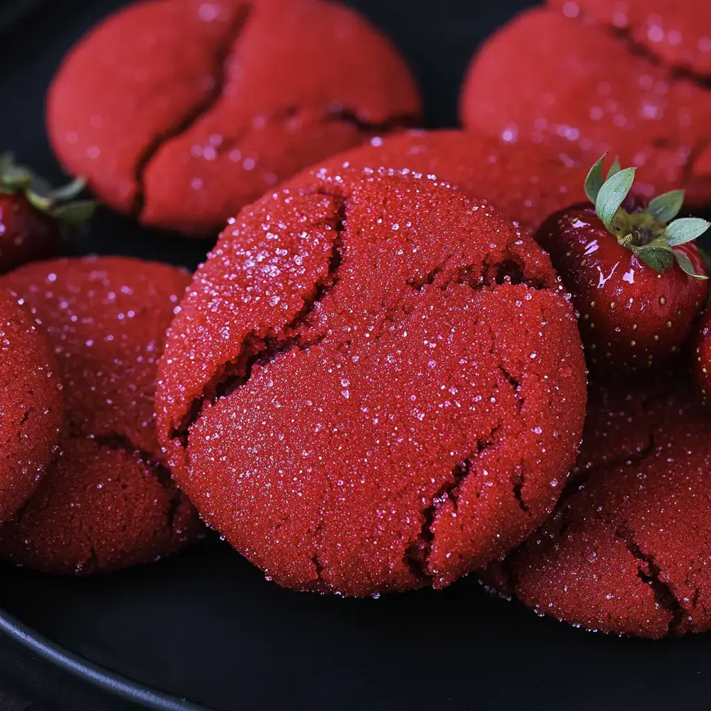 A close-up of vibrant red cookies coated in sugar, accompanied by fresh strawberries, arranged on a black plate.