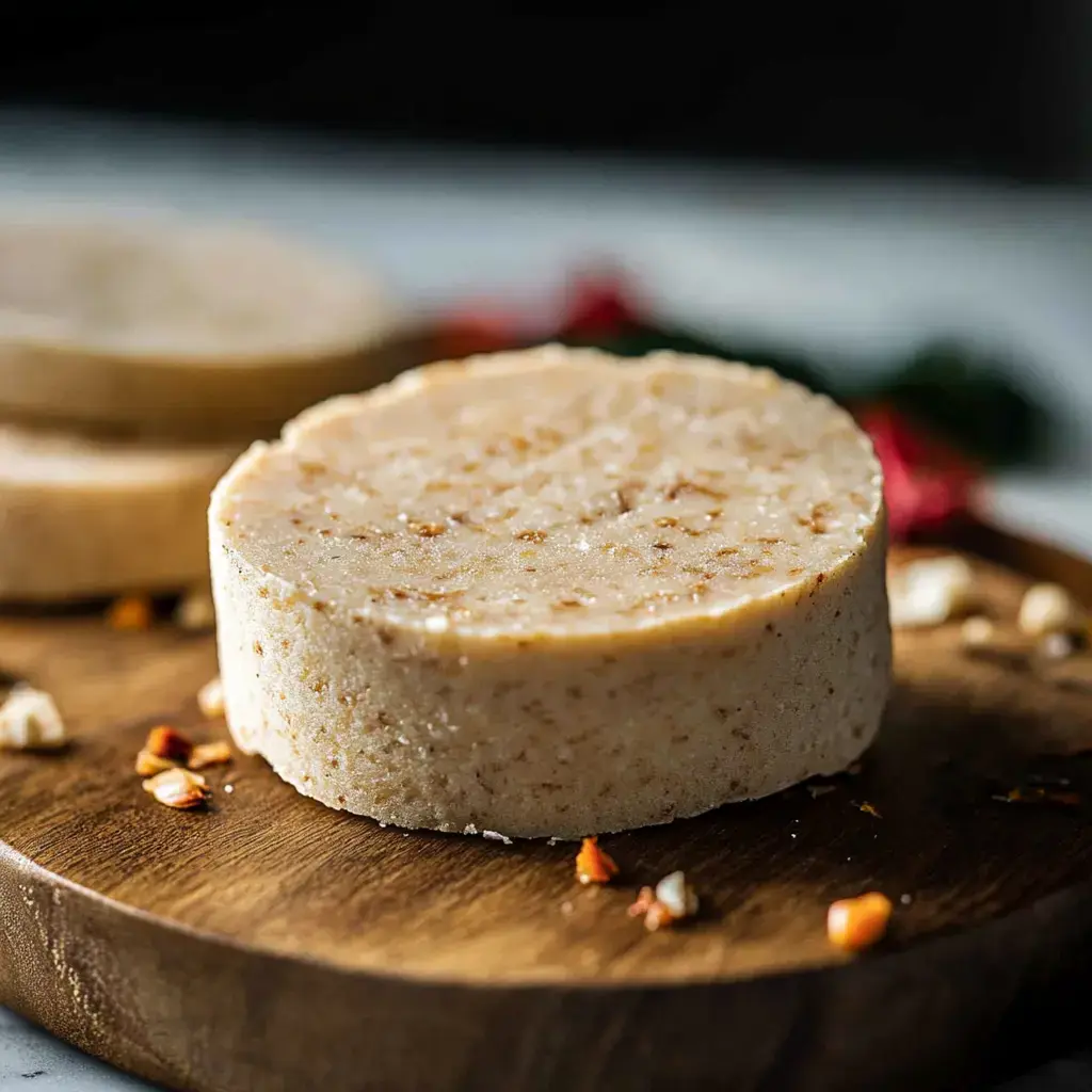 A round, beige block of soft, nut-based confection sits on a wooden cutting board, surrounded by scattered chopped nuts.